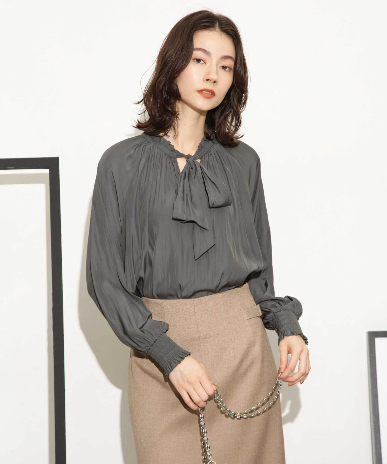 ギャザーネックボウタイブラウス 6693220318