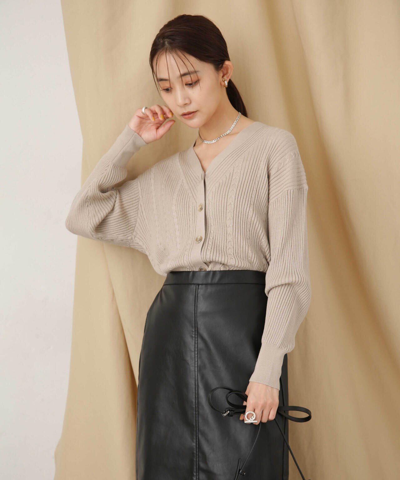 毛玉レスニットリブケーブルカーディガン 6693222305