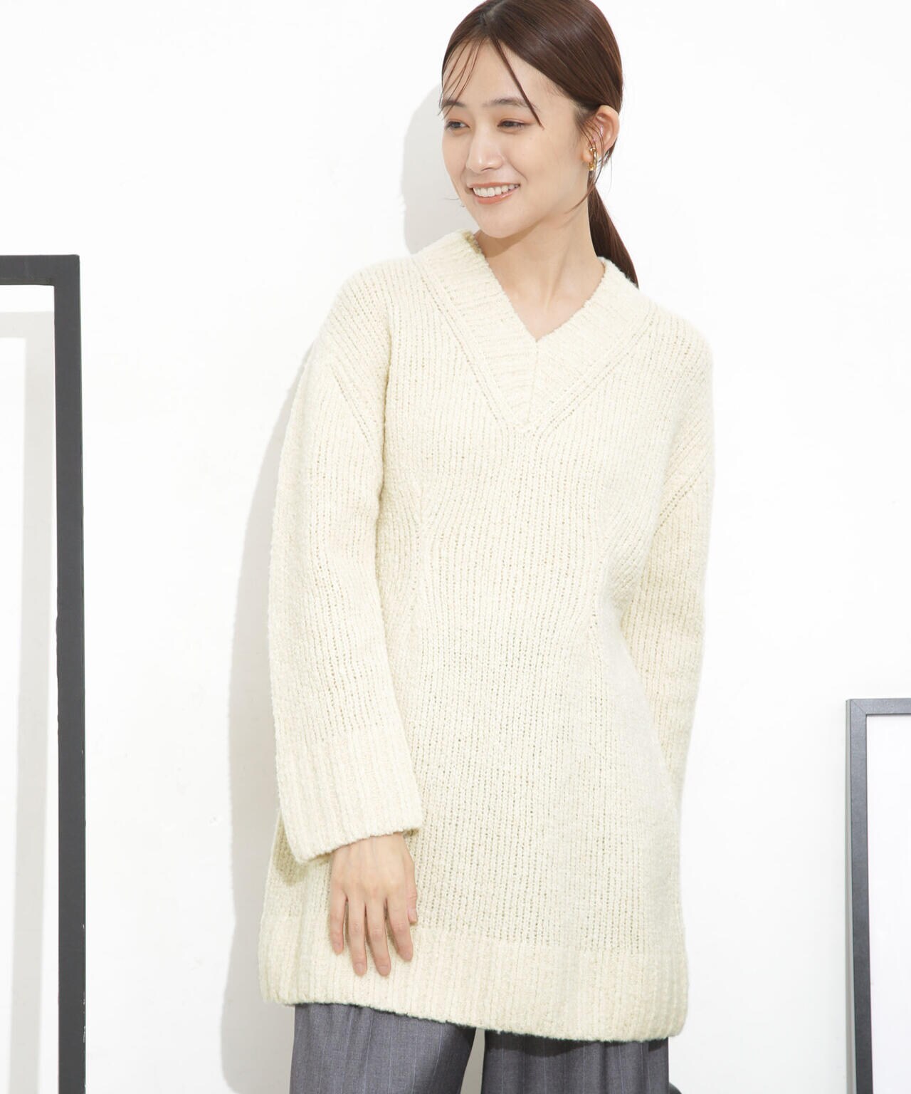 Vネックラメミックスロングニット 6693222321