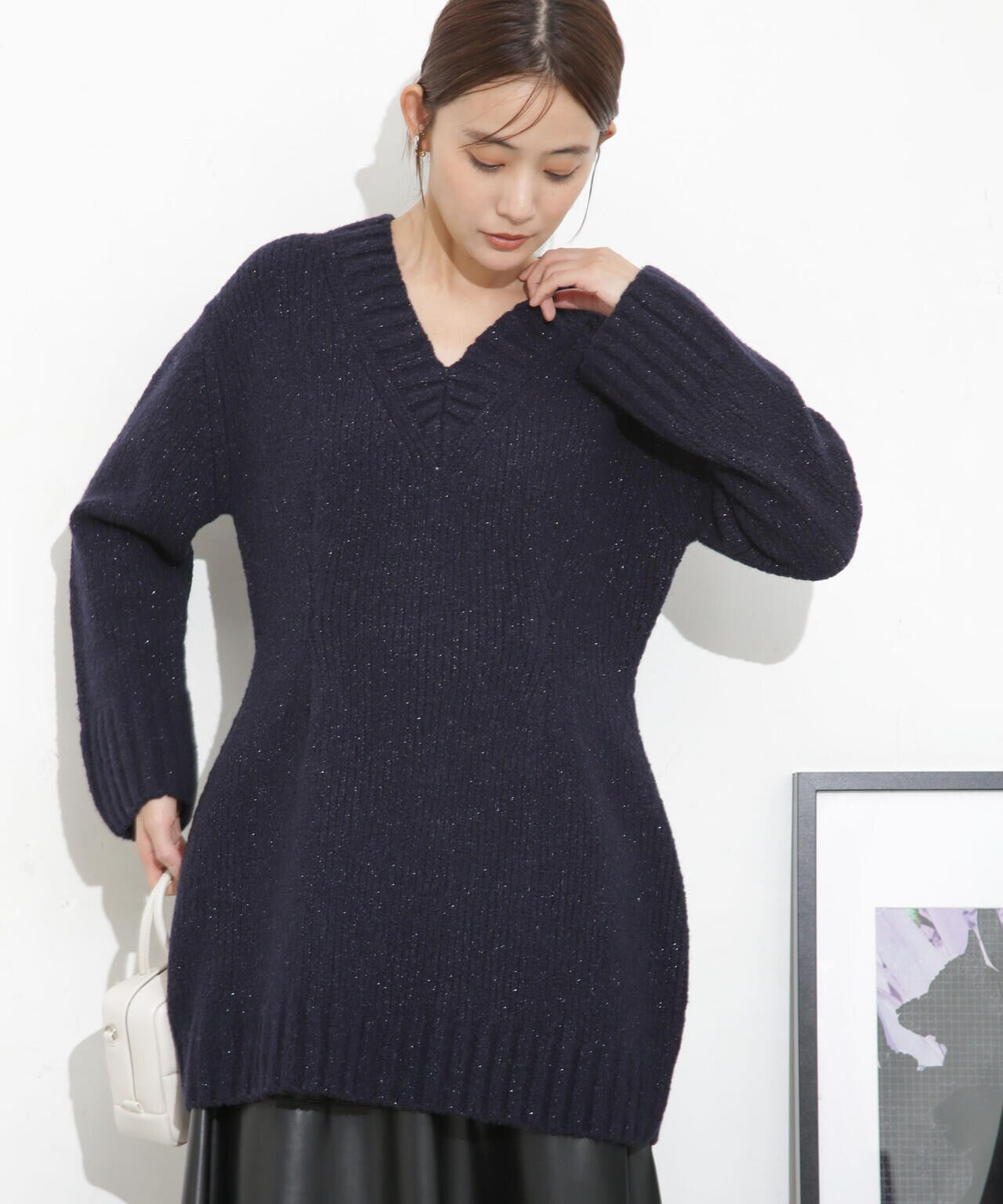 Vネックラメミックスロングニット 6693222321