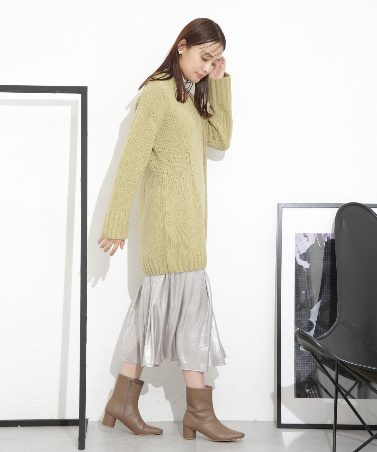 Vネックラメミックスロングニット 6693222321