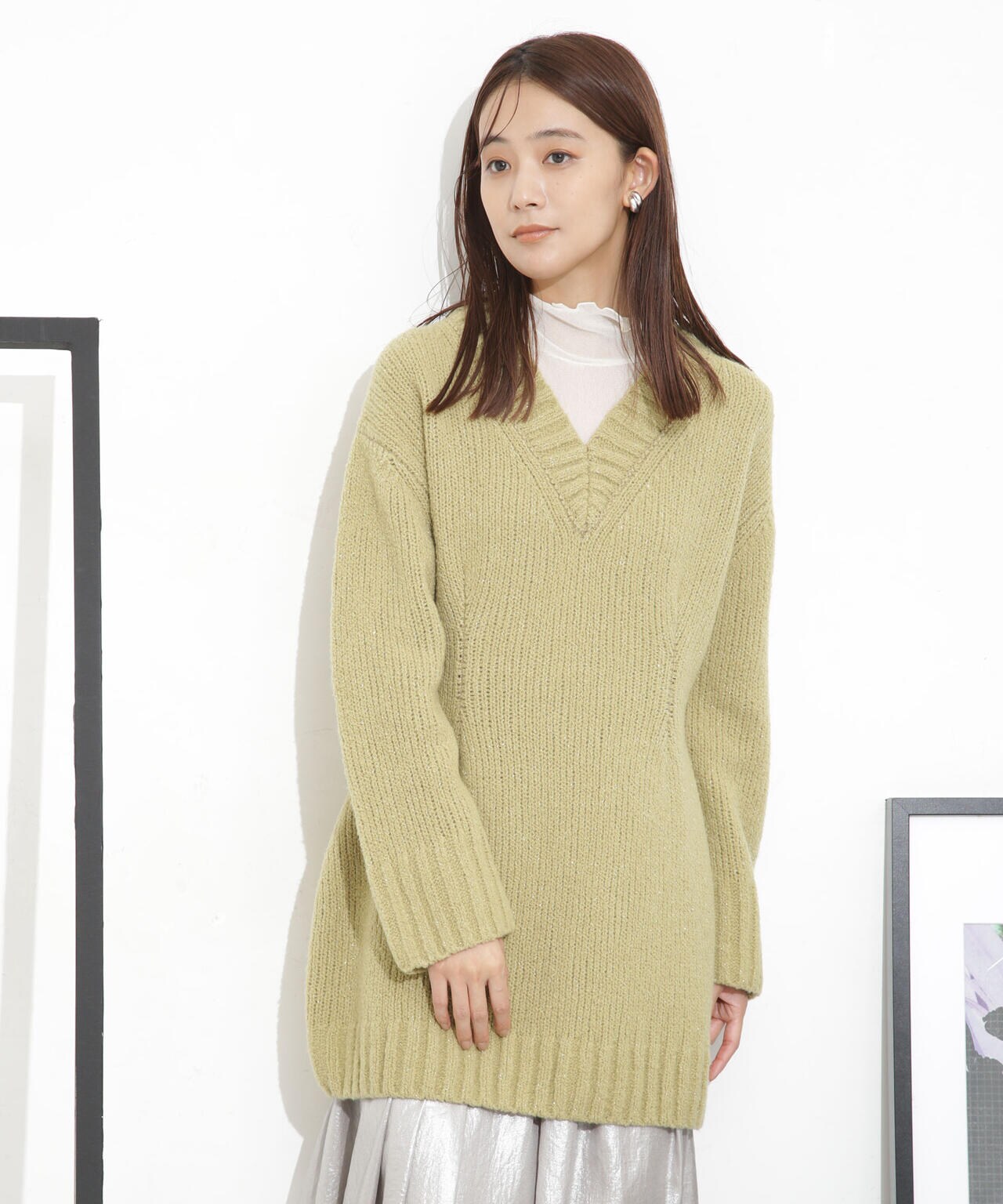 Vネックラメミックスロングニット 6693222321