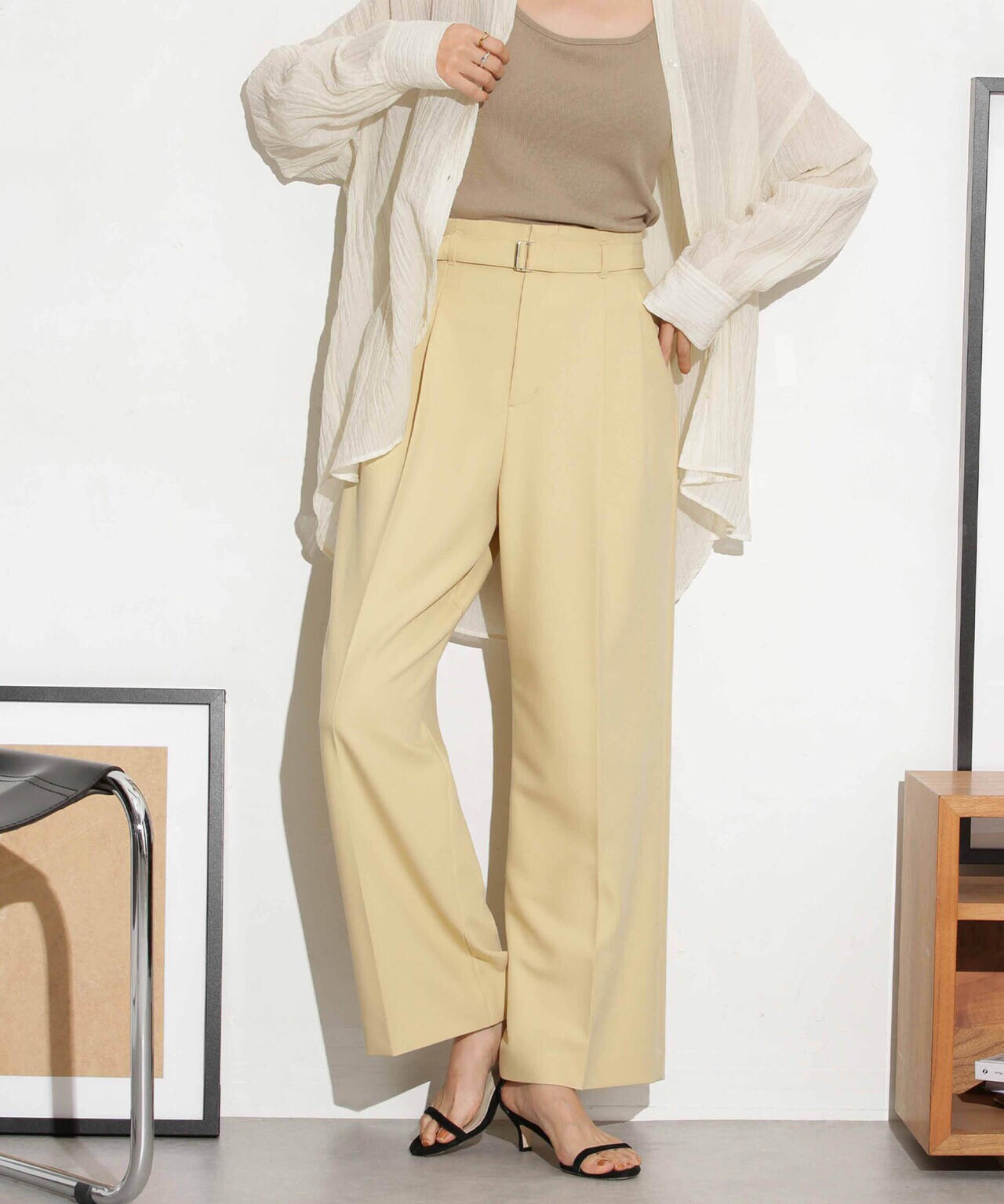ベルト付きセミワイドツイルパンツ 6693227305