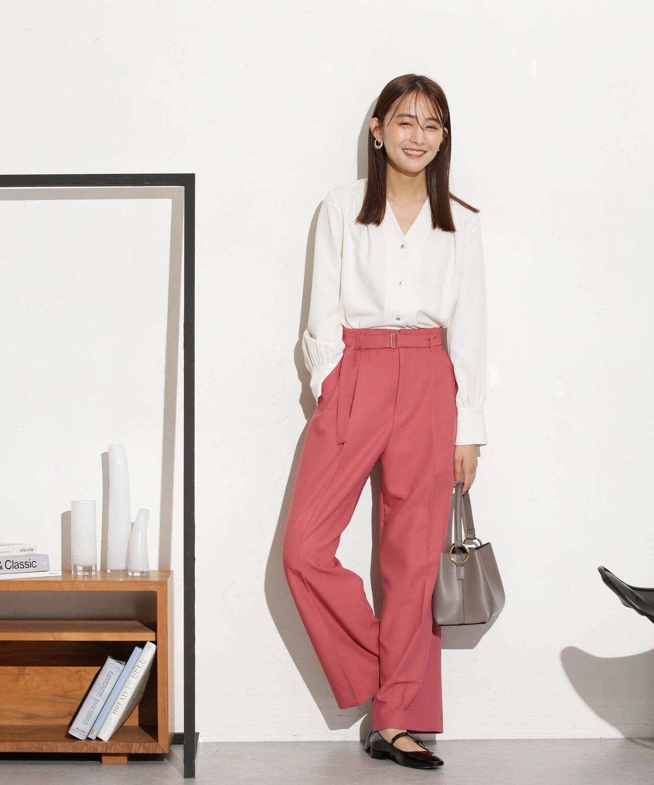 ベルト付きセミワイドツイルパンツ 6693227305