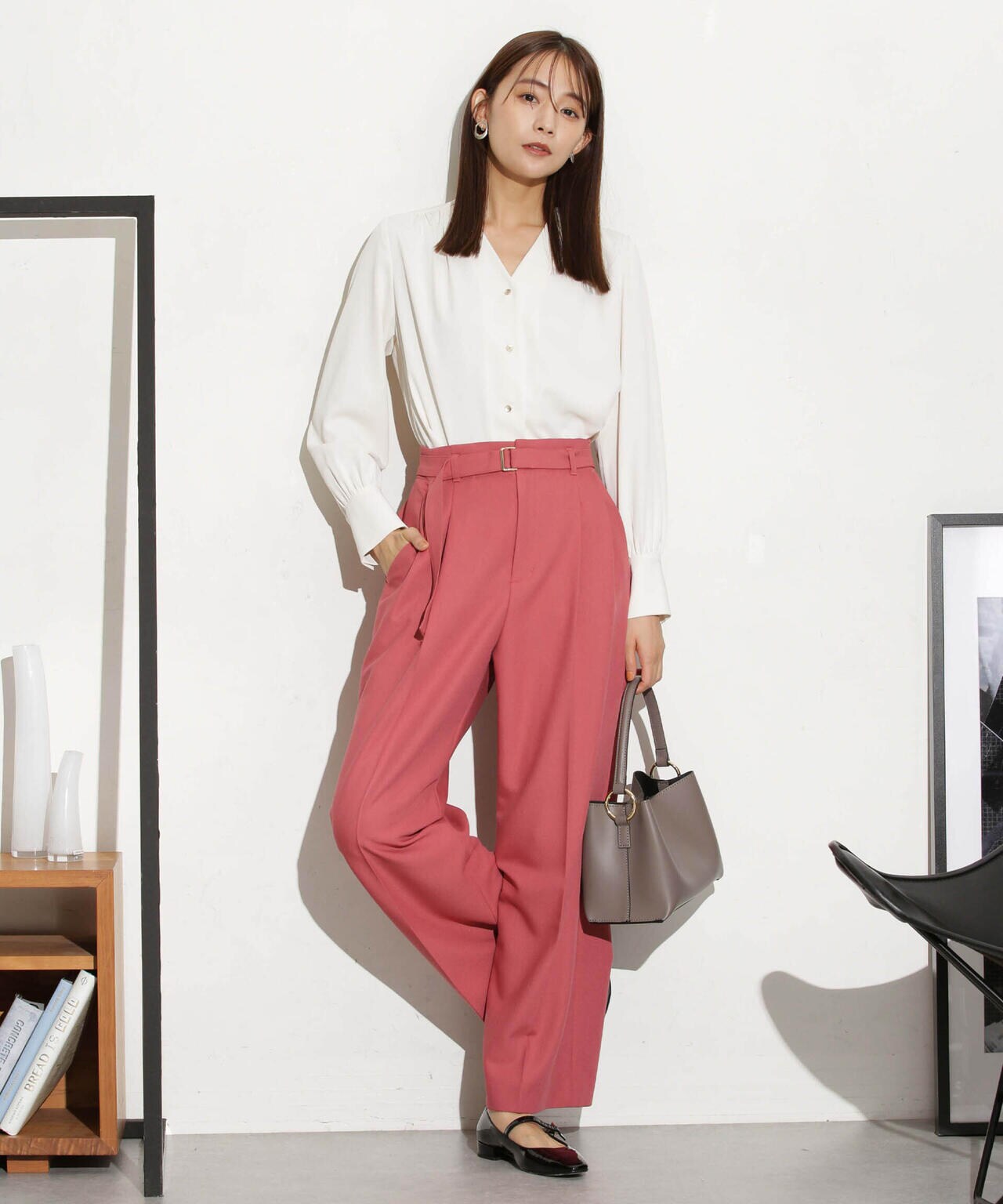 ベルト付きセミワイドツイルパンツ 6693227305