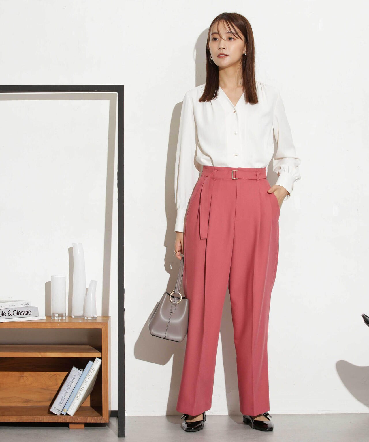 ベルト付きセミワイドツイルパンツ 6693227305