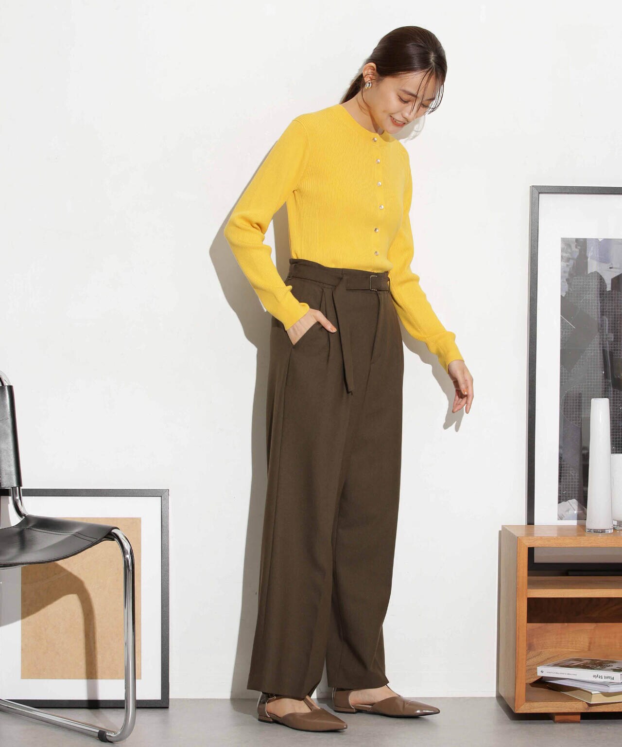 ベルト付きセミワイドツイルパンツ 6693227305