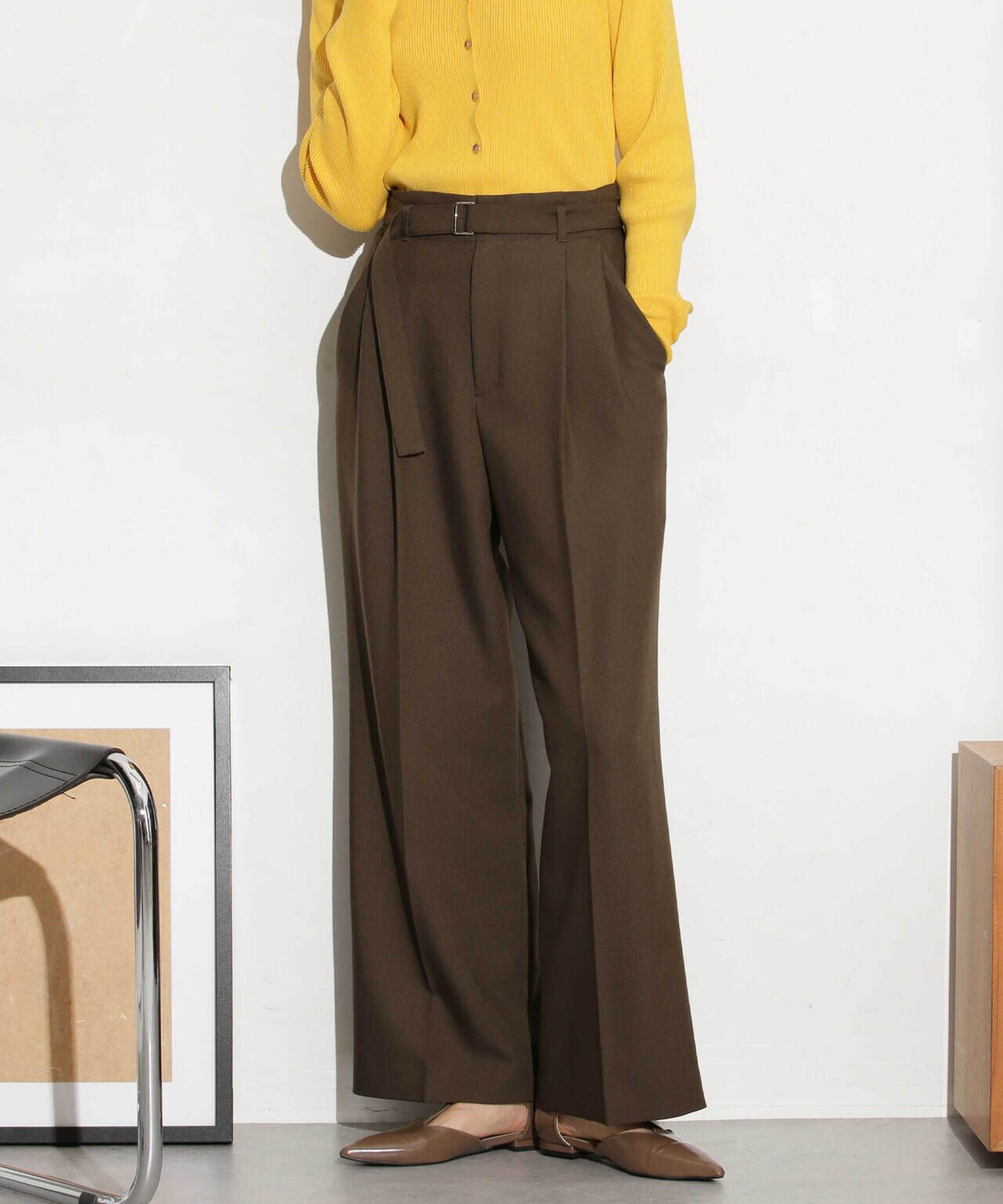 ベルト付きセミワイドツイルパンツ 6693227305