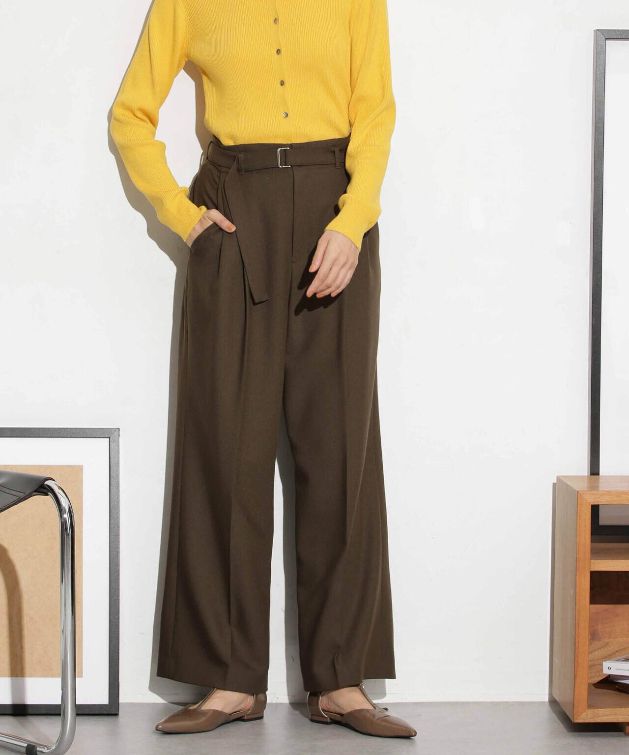 ベルト付きセミワイドツイルパンツ 6693227305