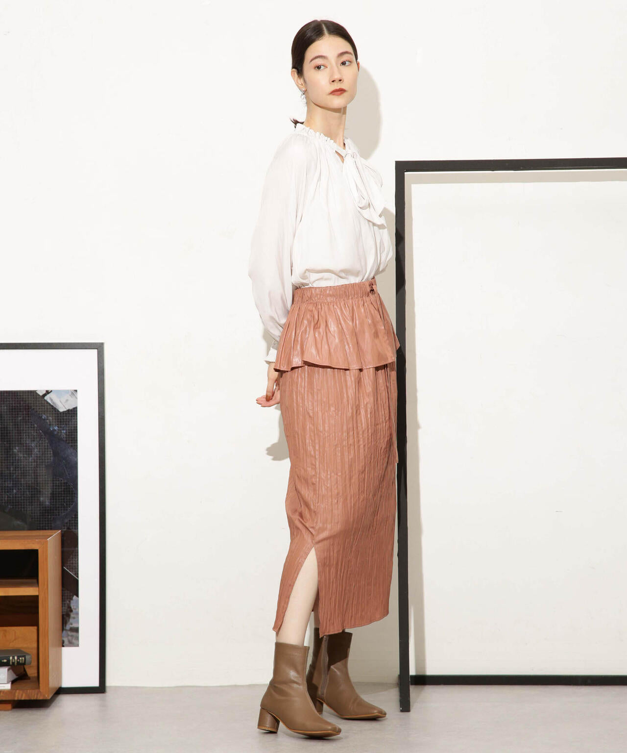 チンツサテンティアードプリーツスカート(セットアップ可) 6693230327