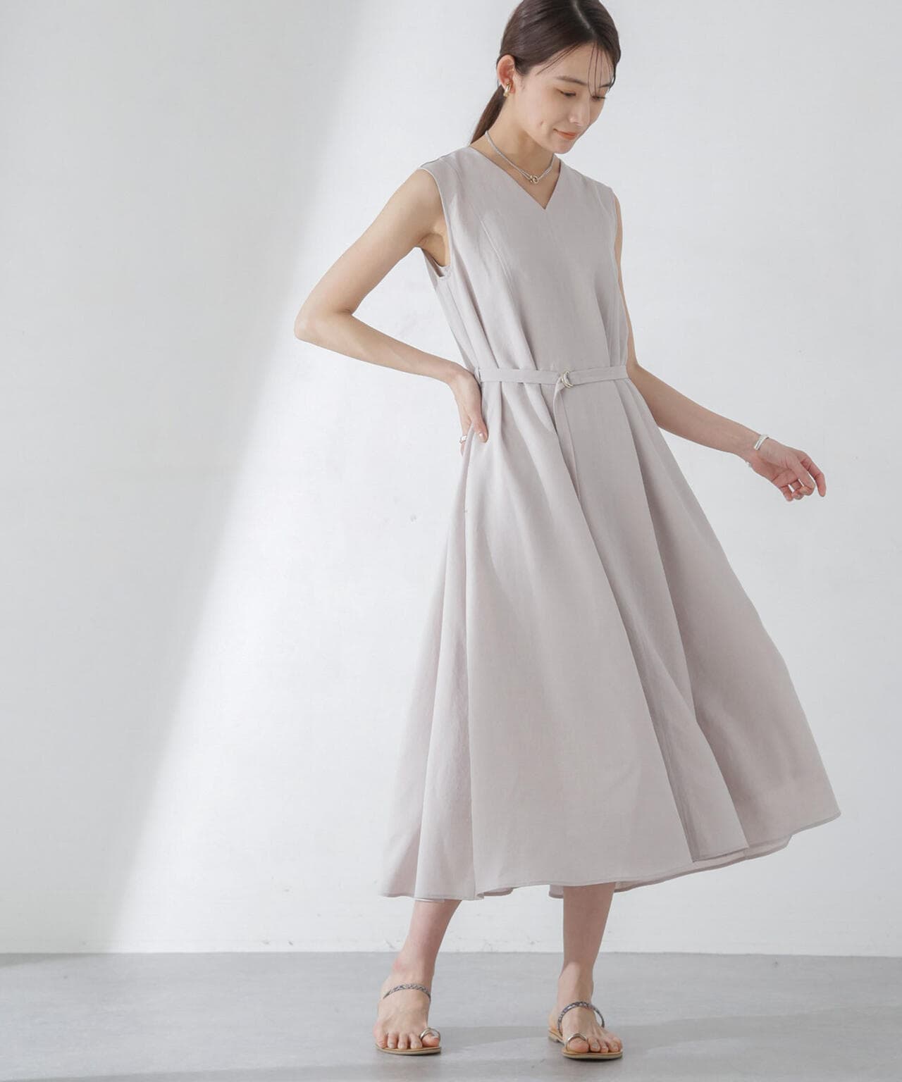 <洗濯機使用可><ノンアイロン>メランジドライ ベルト付きワンピース 6694119305