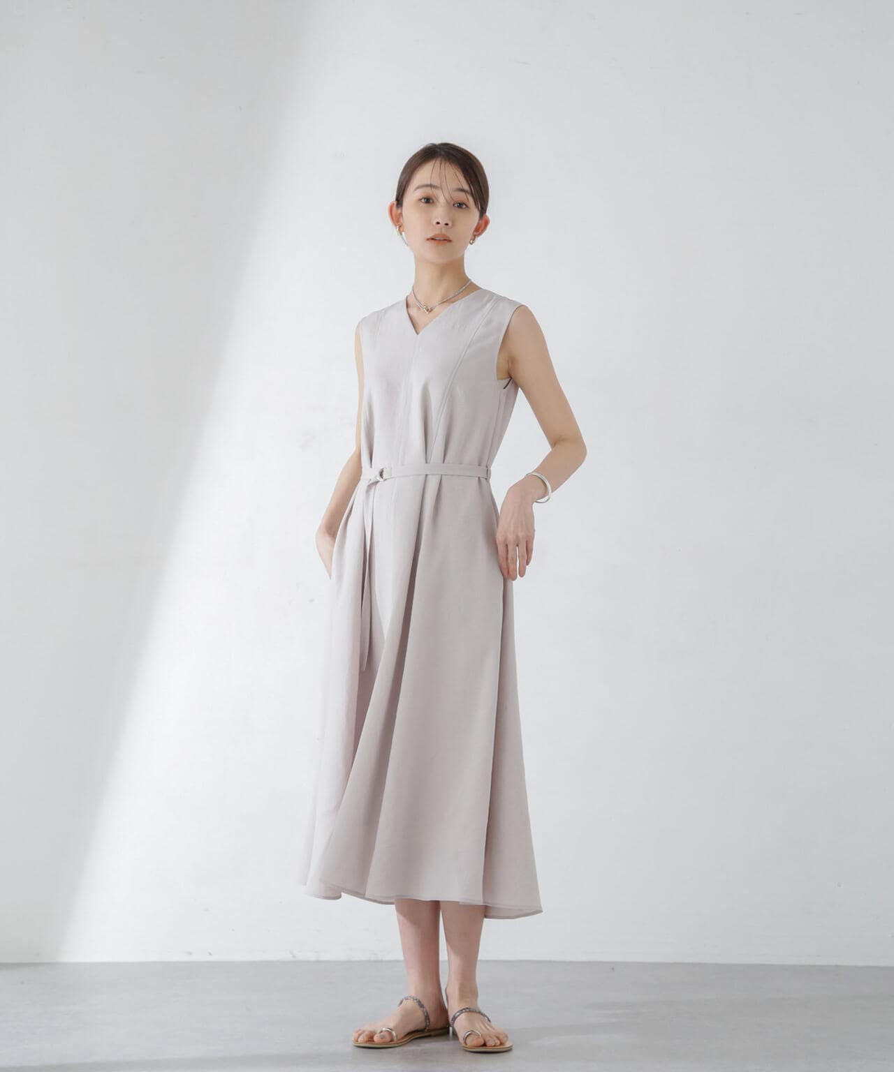 <洗濯機使用可><ノンアイロン>メランジドライ ベルト付きワンピース 6694119305