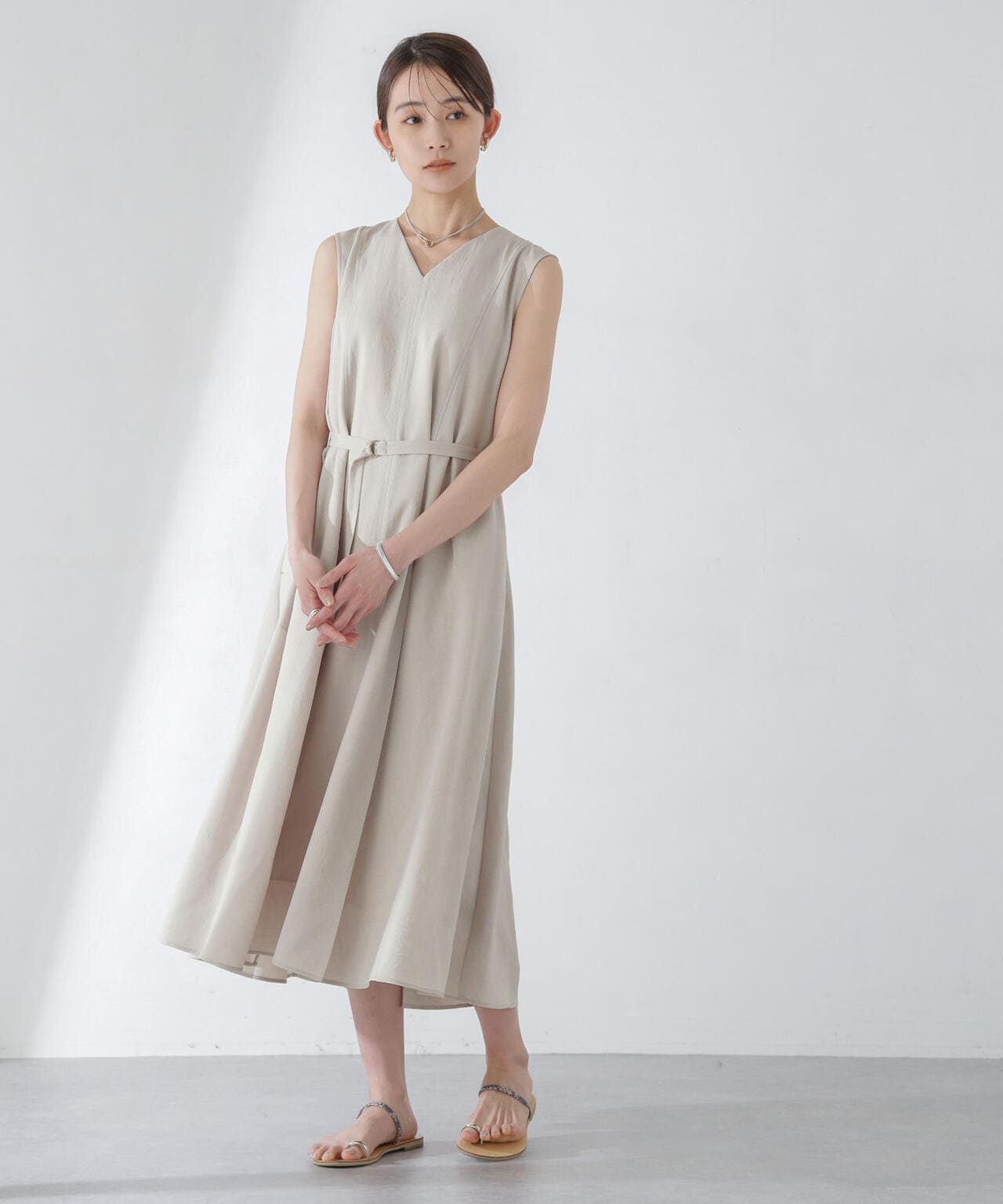 <洗濯機使用可><ノンアイロン>メランジドライ ベルト付きワンピース 6694119305