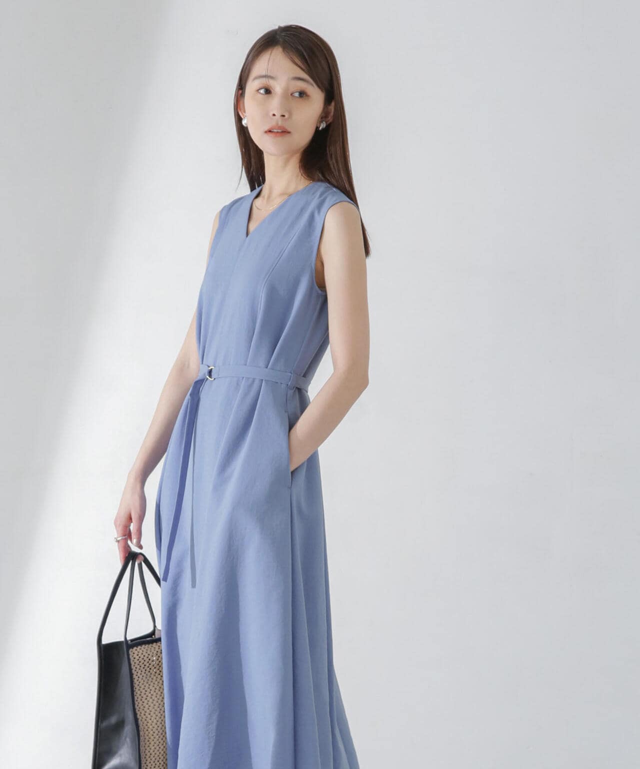 <洗濯機使用可><ノンアイロン>メランジドライ ベルト付きワンピース 6694119305