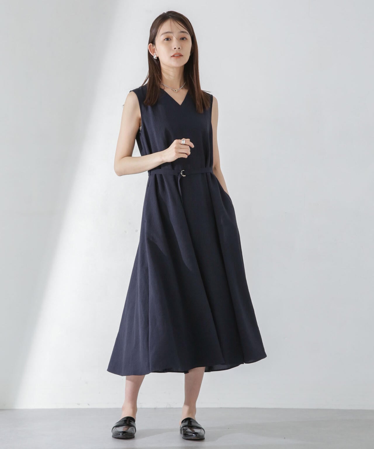 <洗濯機使用可><ノンアイロン>メランジドライ ベルト付きワンピース 6694119305