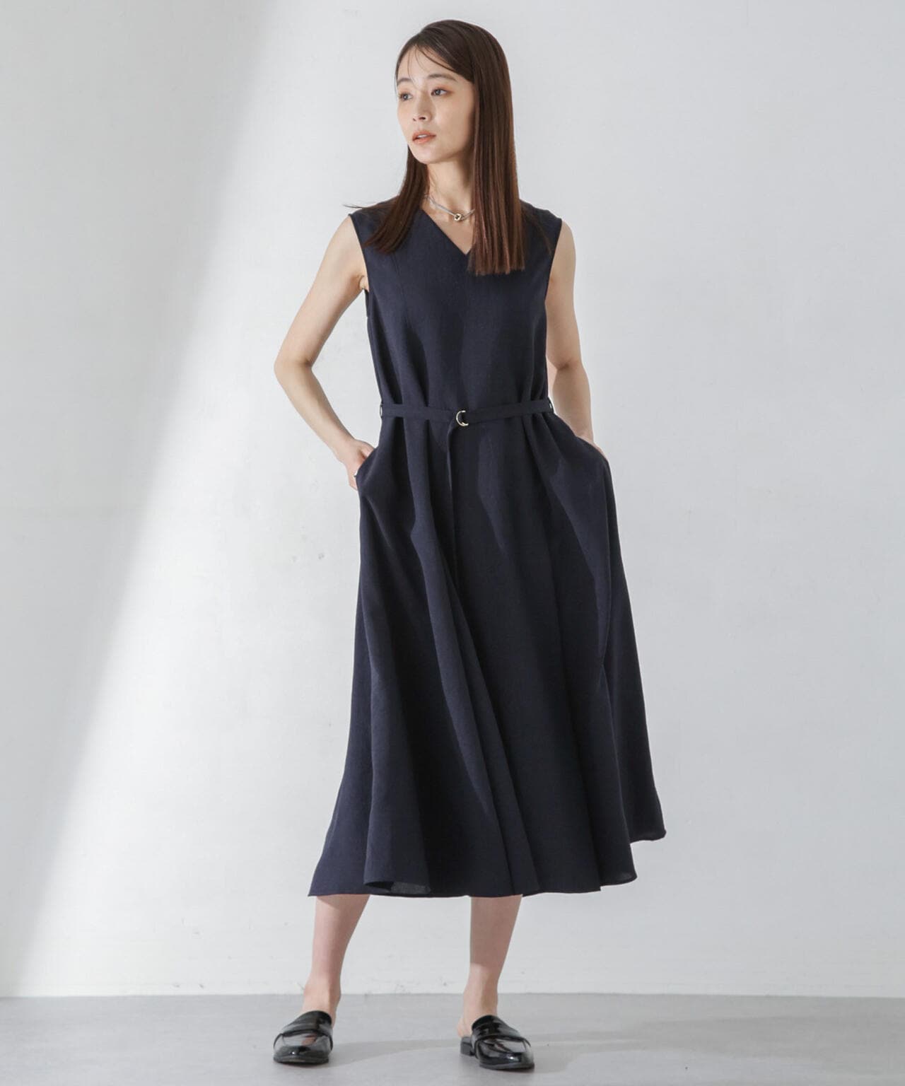 <洗濯機使用可><ノンアイロン>メランジドライ ベルト付きワンピース 6694119305