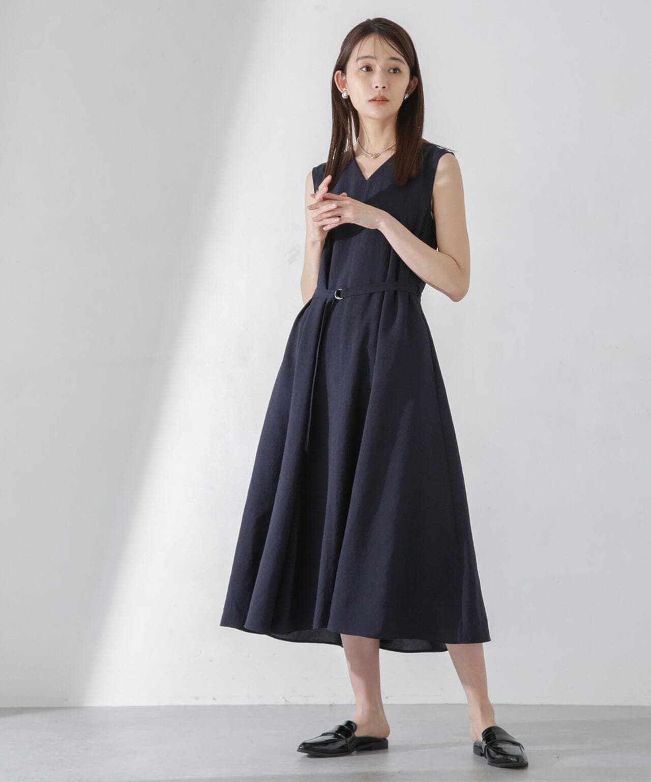 <洗濯機使用可><ノンアイロン>メランジドライ ベルト付きワンピース 6694119305