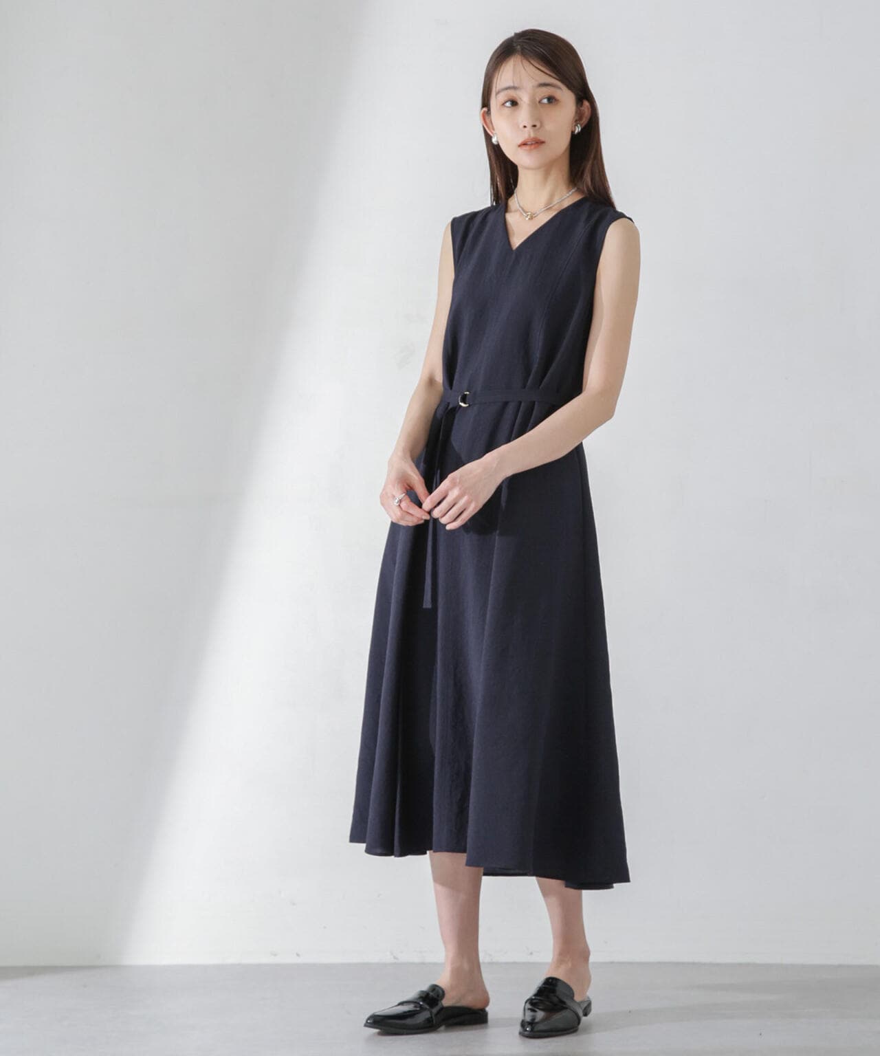 <洗濯機使用可><ノンアイロン>メランジドライ ベルト付きワンピース 6694119305