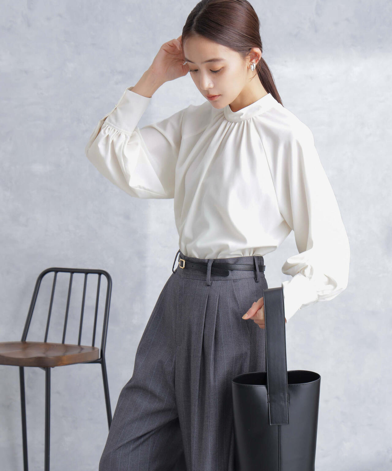 モダールピーチスタンドギャザーブラウス 6694120301