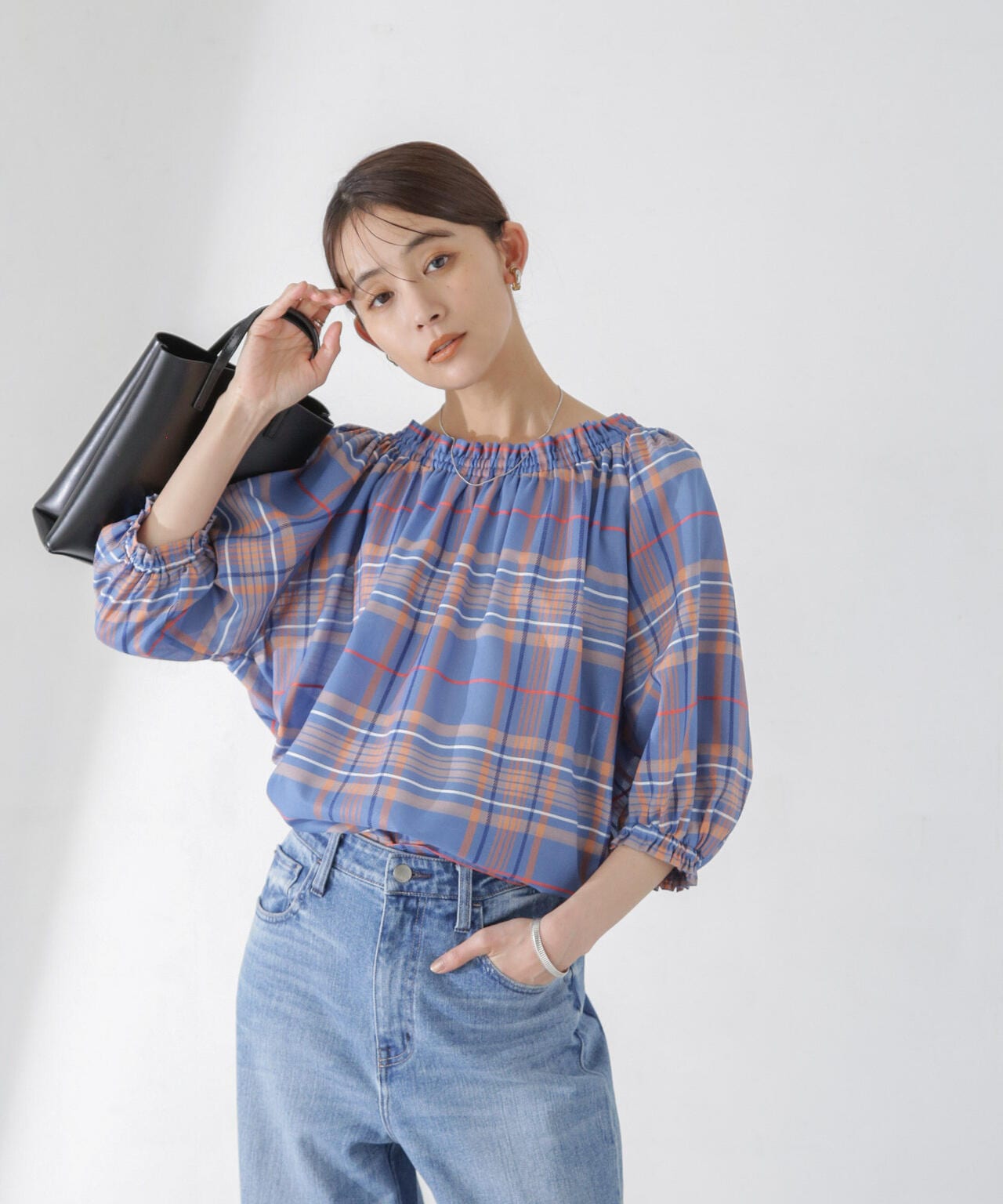 シアーチェックギャザー2wayブラウス 6694121310