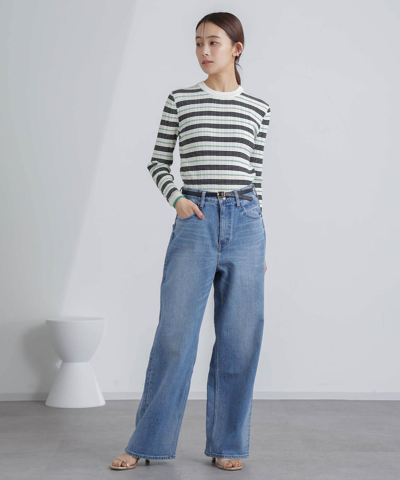 ランダムリブボーダーニットトップス(セットアップ可) 6694122305