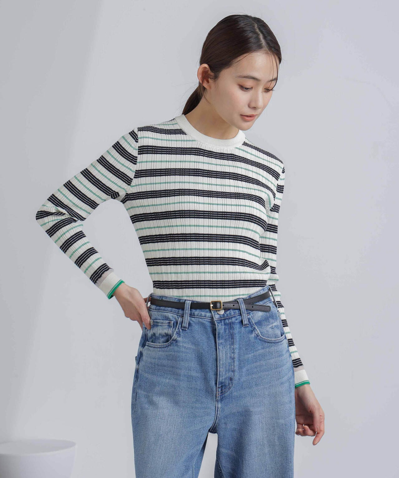 ランダムリブボーダーニットトップス(セットアップ可) 6694122305