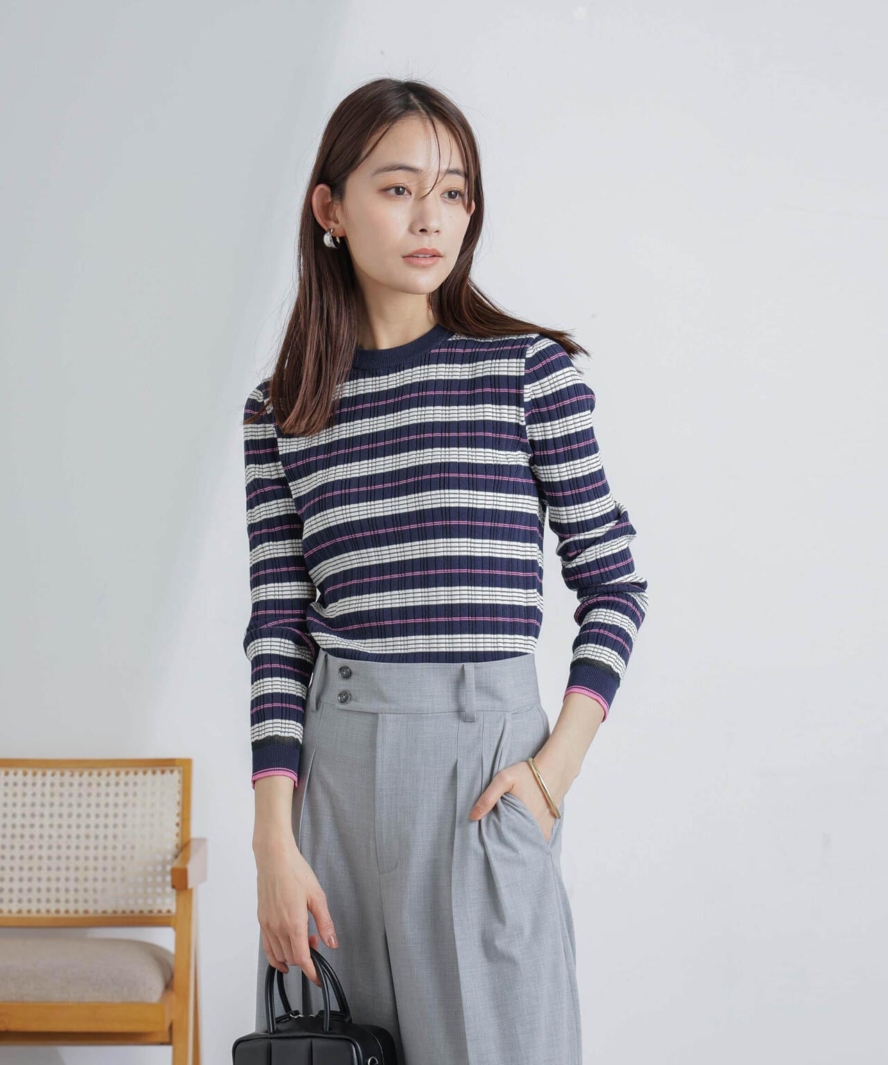 ランダムリブボーダーニットトップス(セットアップ可) 6694122305