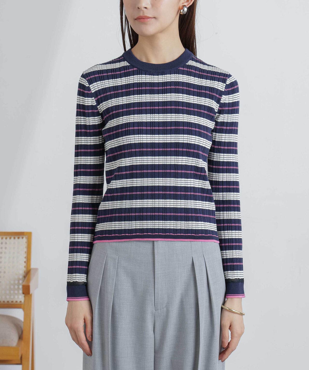 ランダムリブボーダーニットトップス(セットアップ可) 6694122305