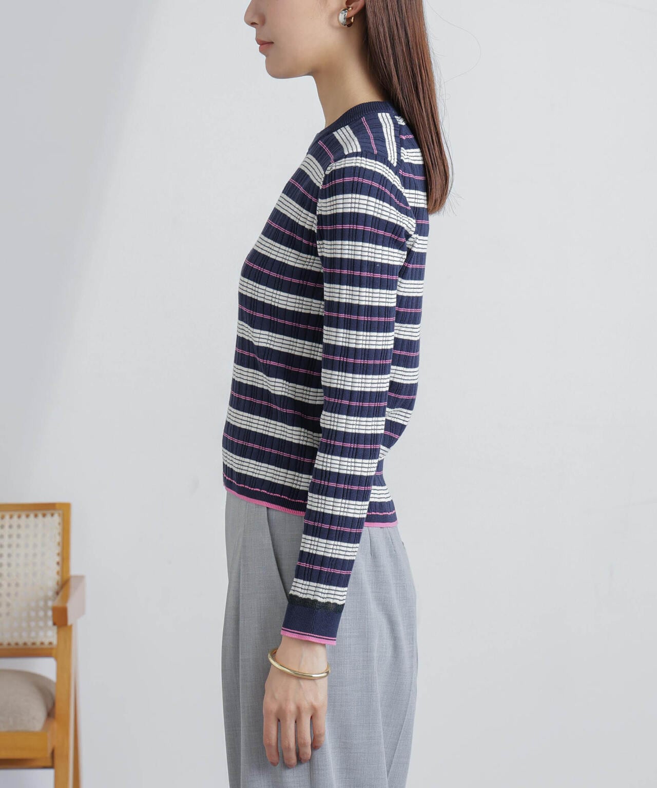 ランダムリブボーダーニットトップス(セットアップ可) 6694122305