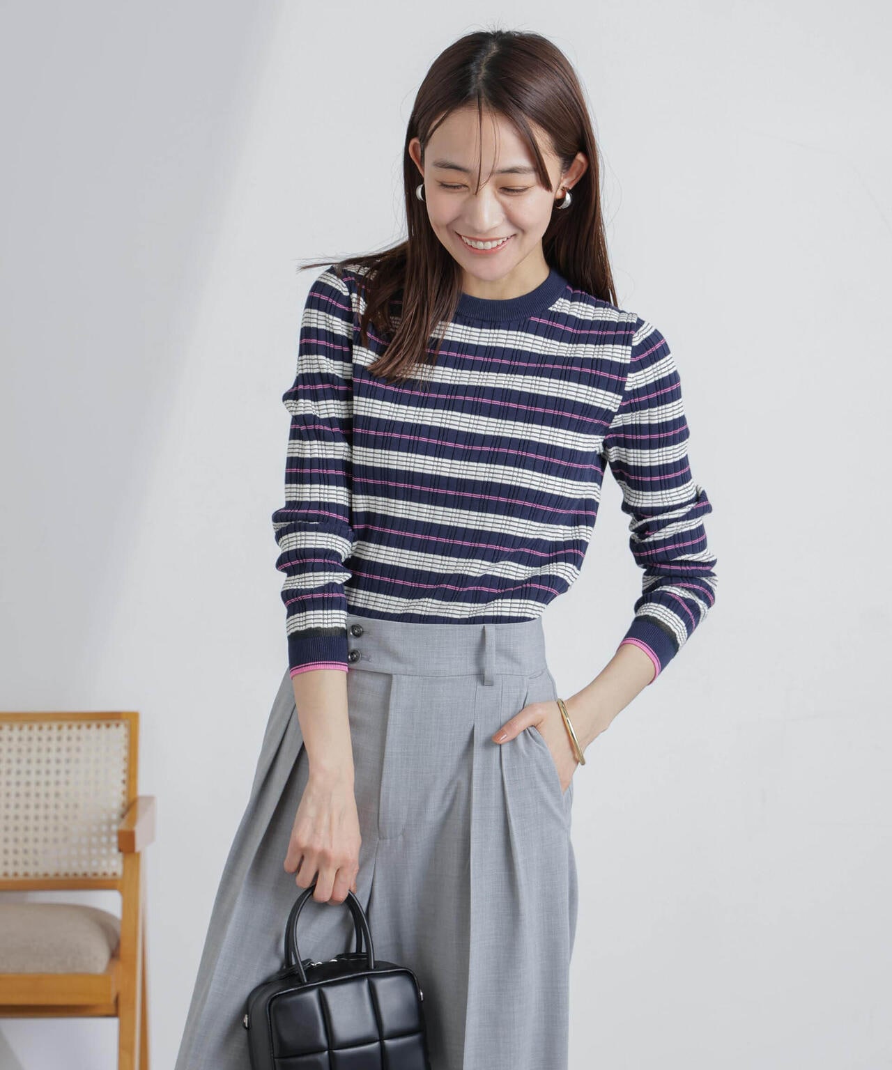 ランダムリブボーダーニットトップス(セットアップ可) 6694122305