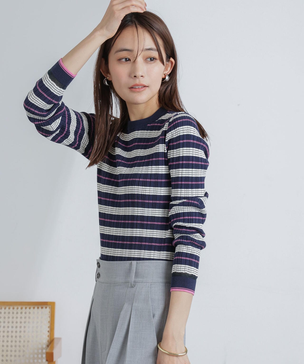 ランダムリブボーダーニットトップス(セットアップ可) 6694122305