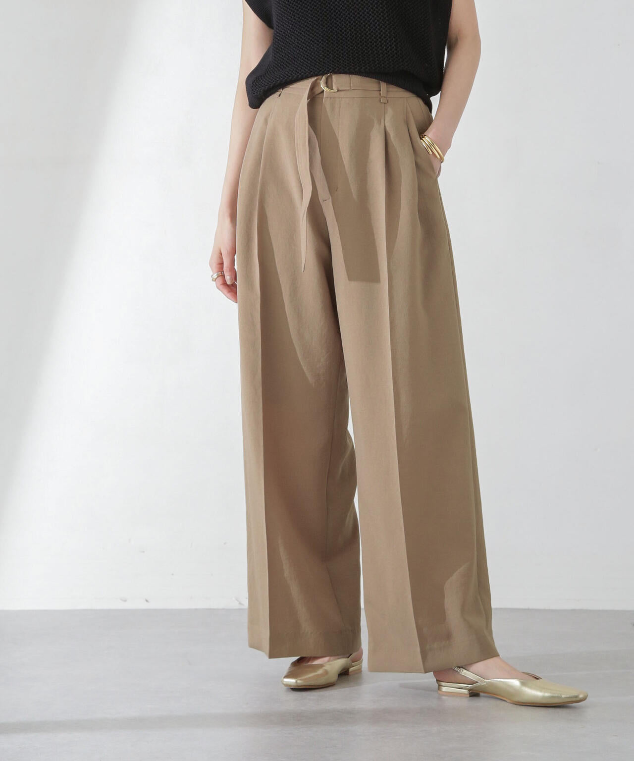 <洗濯機使用可><ノンアイロン>メランジドライ ベルト付きワイドパンツ(セットアップ可) 6694127308