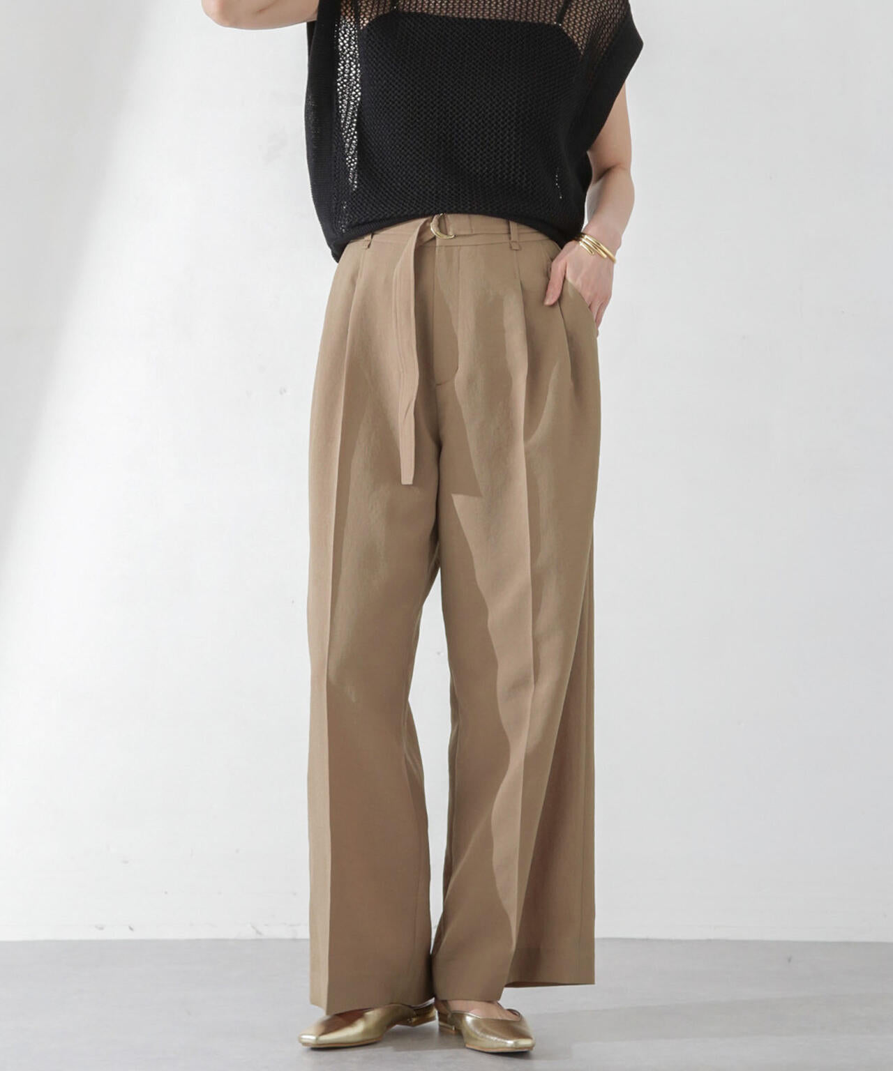 <洗濯機使用可><ノンアイロン>メランジドライ ベルト付きワイドパンツ(セットアップ可) 6694127308