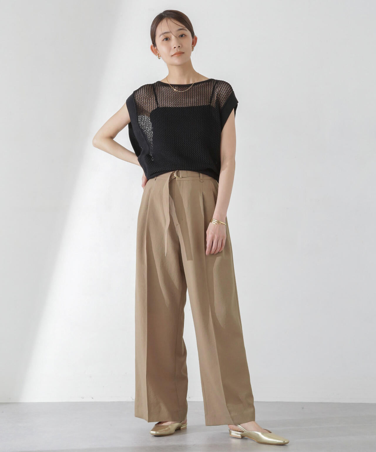 <洗濯機使用可><ノンアイロン>メランジドライ ベルト付きワイドパンツ(セットアップ可) 6694127308