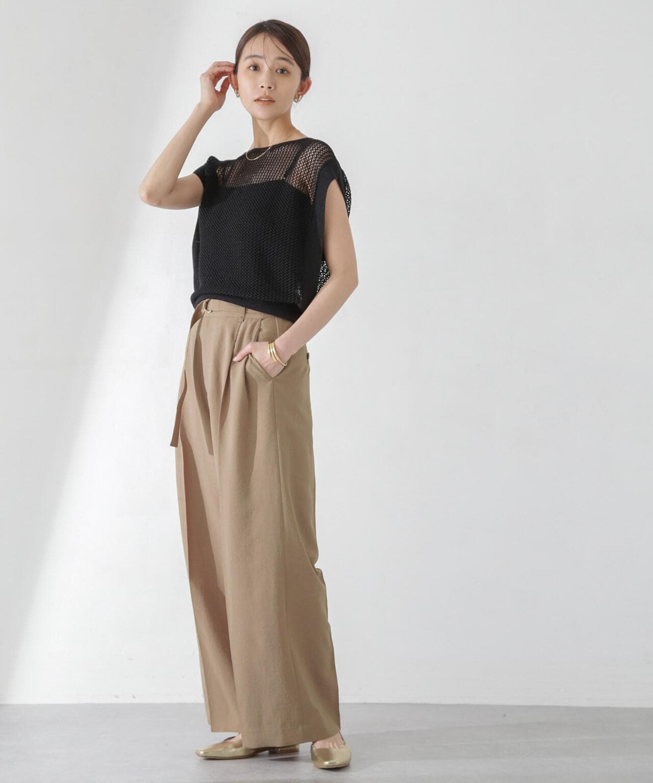 <洗濯機使用可><ノンアイロン>メランジドライ ベルト付きワイドパンツ(セットアップ可) 6694127308