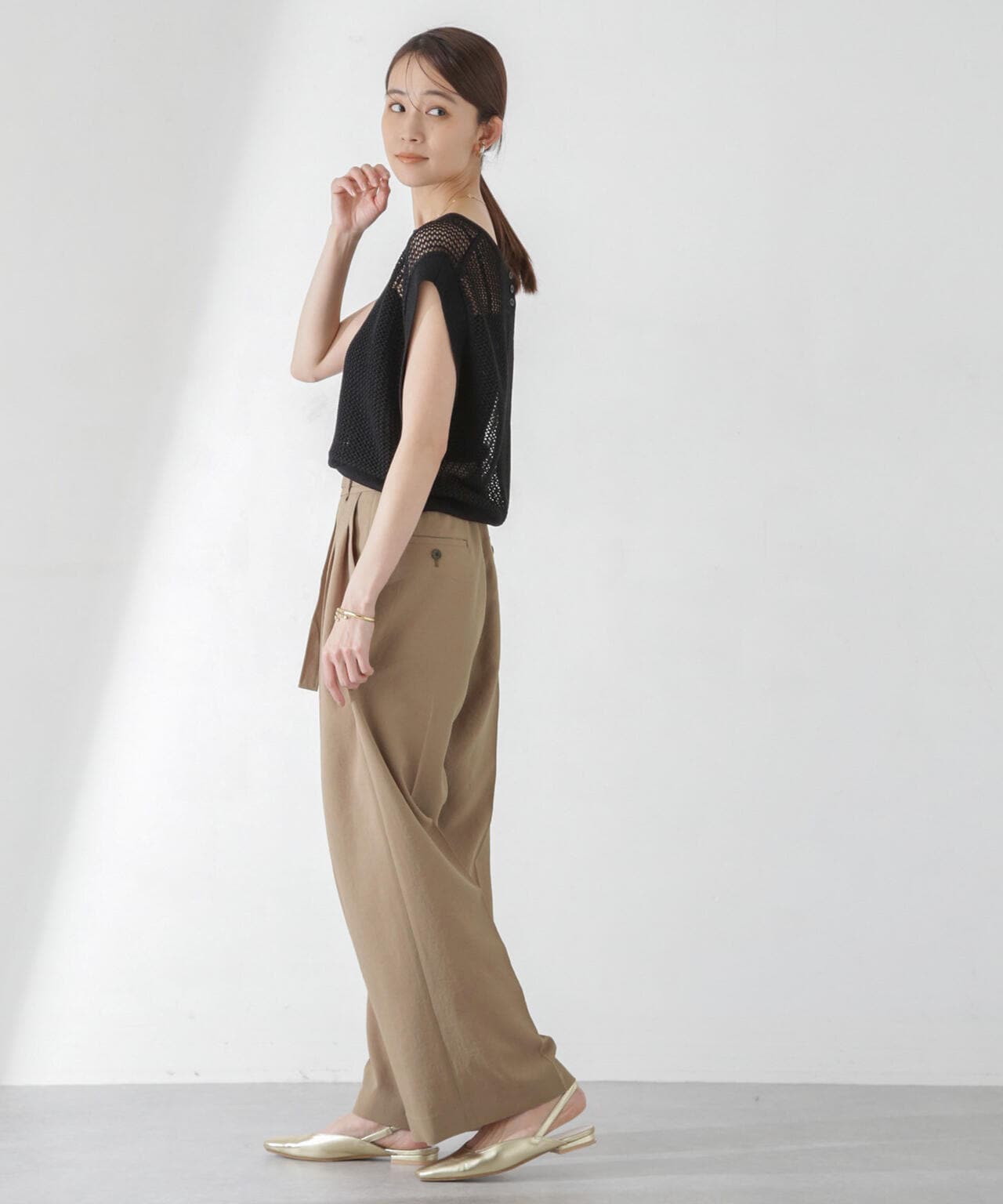 <洗濯機使用可><ノンアイロン>メランジドライ ベルト付きワイドパンツ(セットアップ可) 6694127308