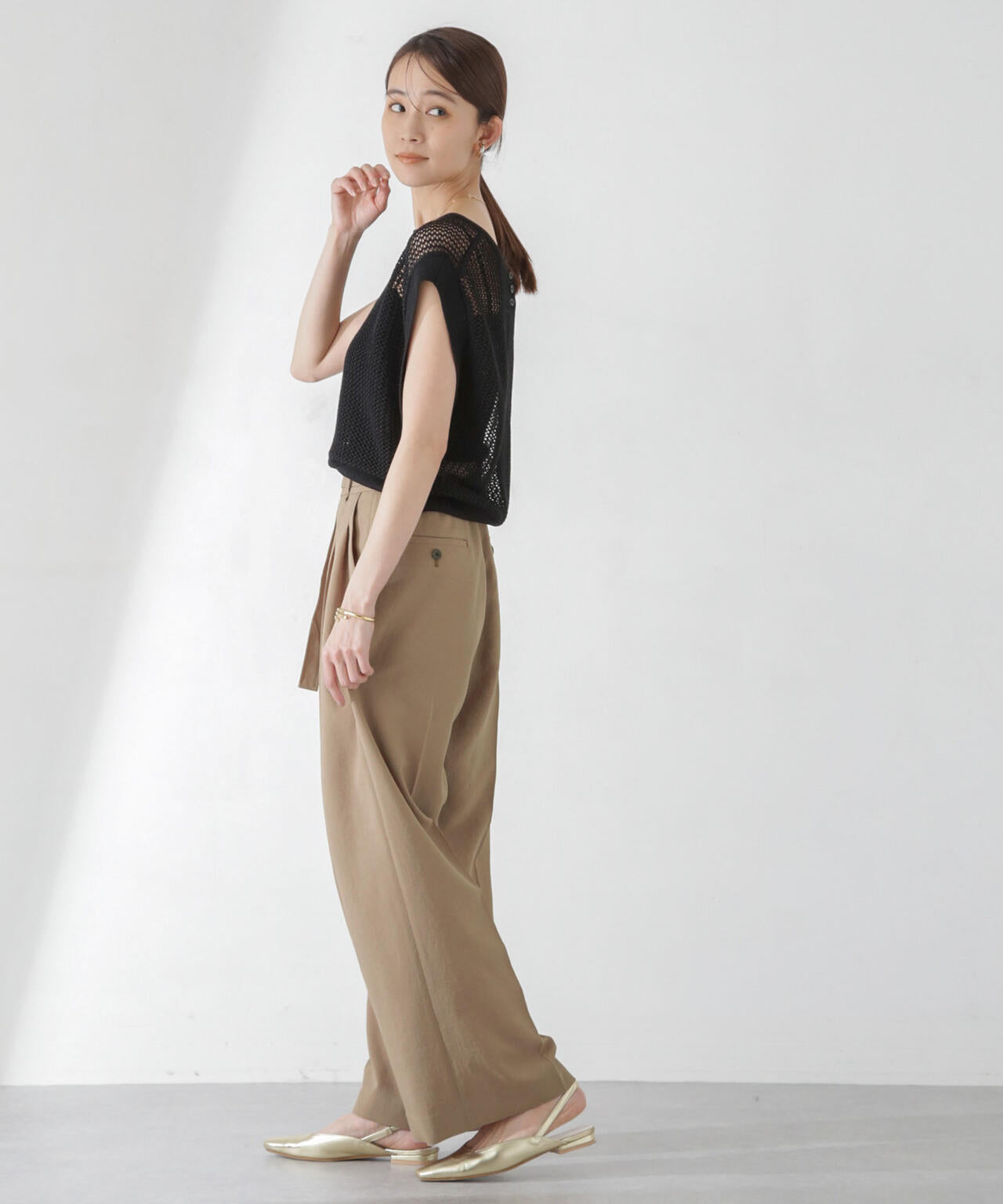 <洗濯機使用可><ノンアイロン>メランジドライ ベルト付きワイドパンツ(セットアップ可) 6694127308