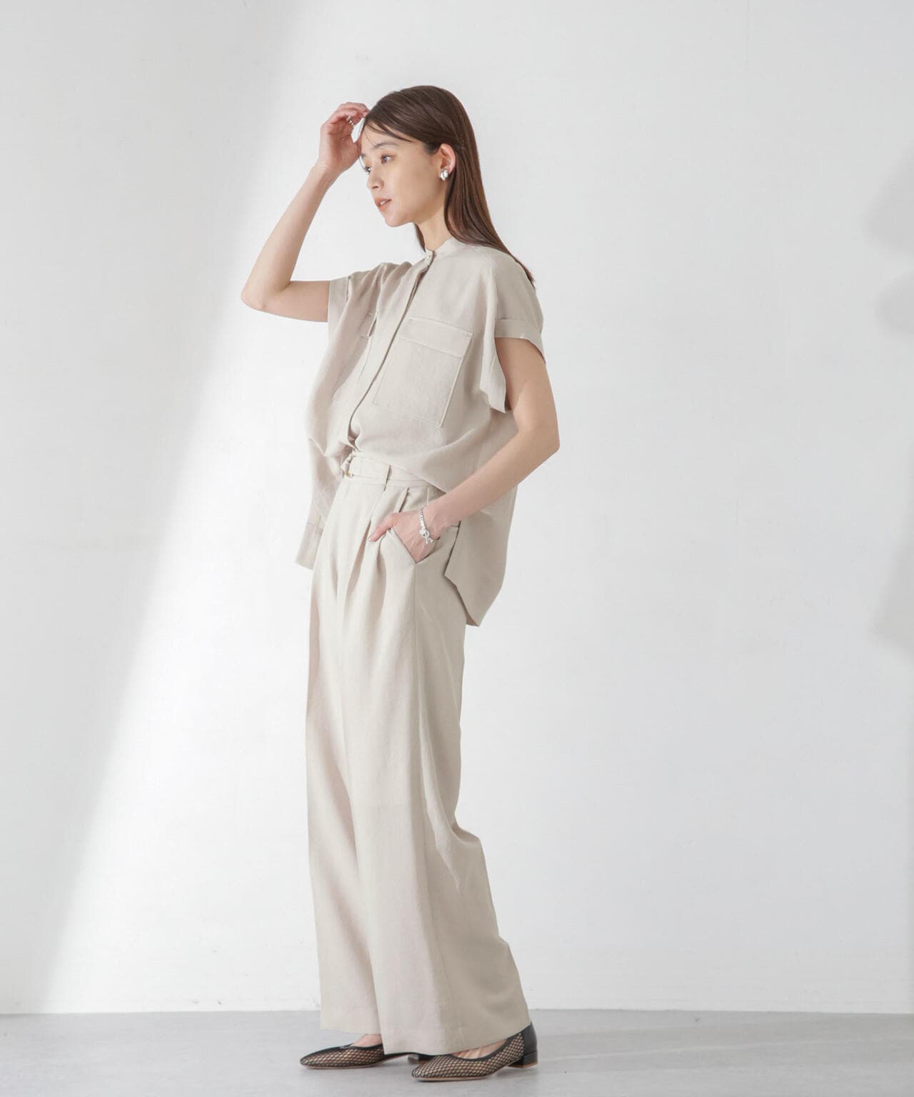 <洗濯機使用可><ノンアイロン>メランジドライ ベルト付きワイドパンツ(セットアップ可) 6694127308