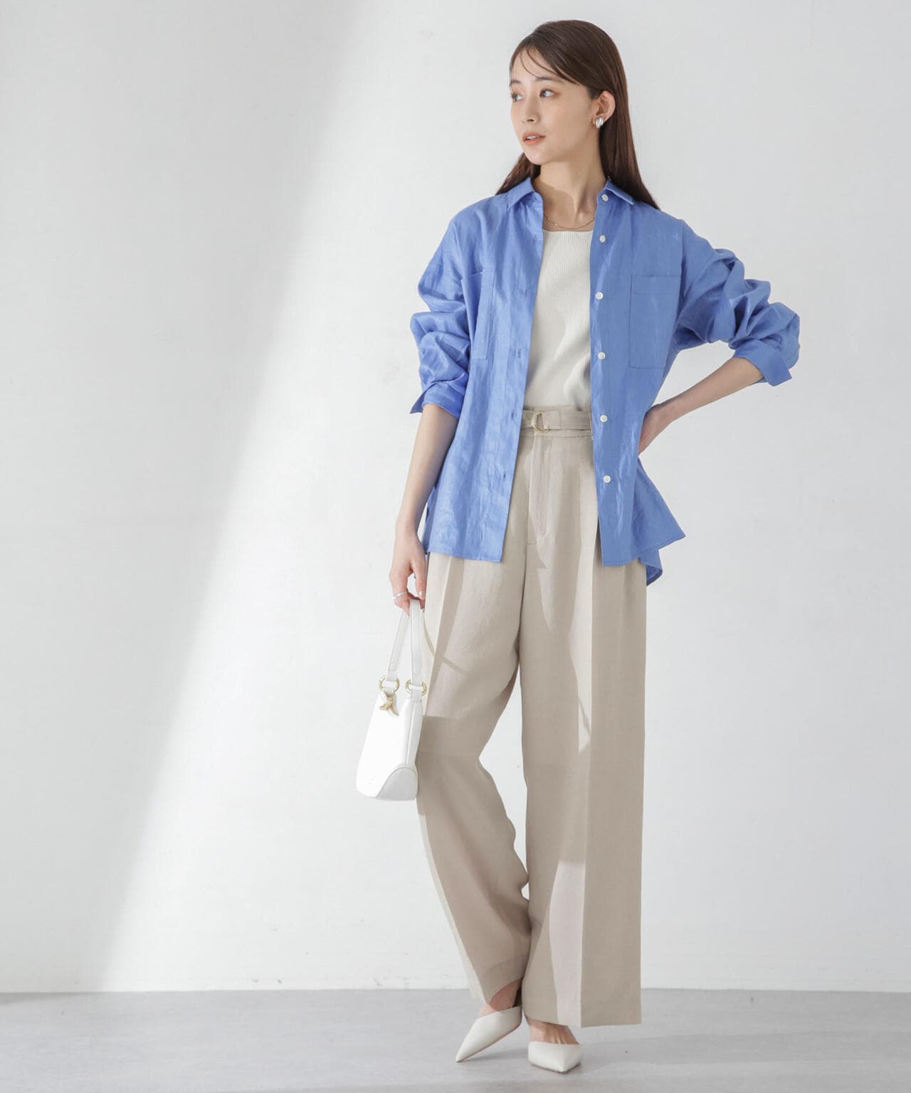 <洗濯機使用可><ノンアイロン>メランジドライ ベルト付きワイドパンツ(セットアップ可) 6694127308