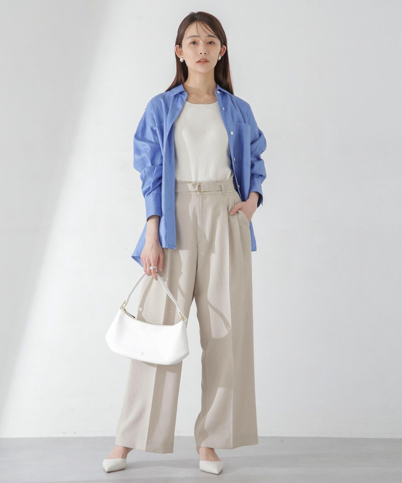 <洗濯機使用可><ノンアイロン>メランジドライ ベルト付きワイドパンツ(セットアップ可) 6694127308