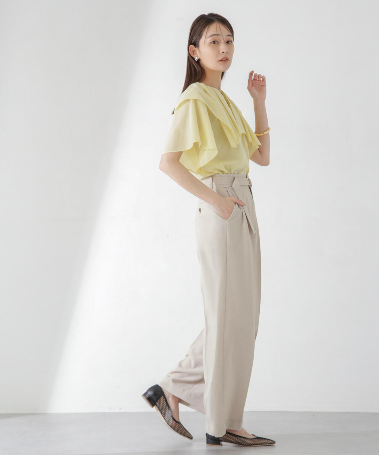 <洗濯機使用可><ノンアイロン>メランジドライ ベルト付きワイドパンツ(セットアップ可) 6694127308