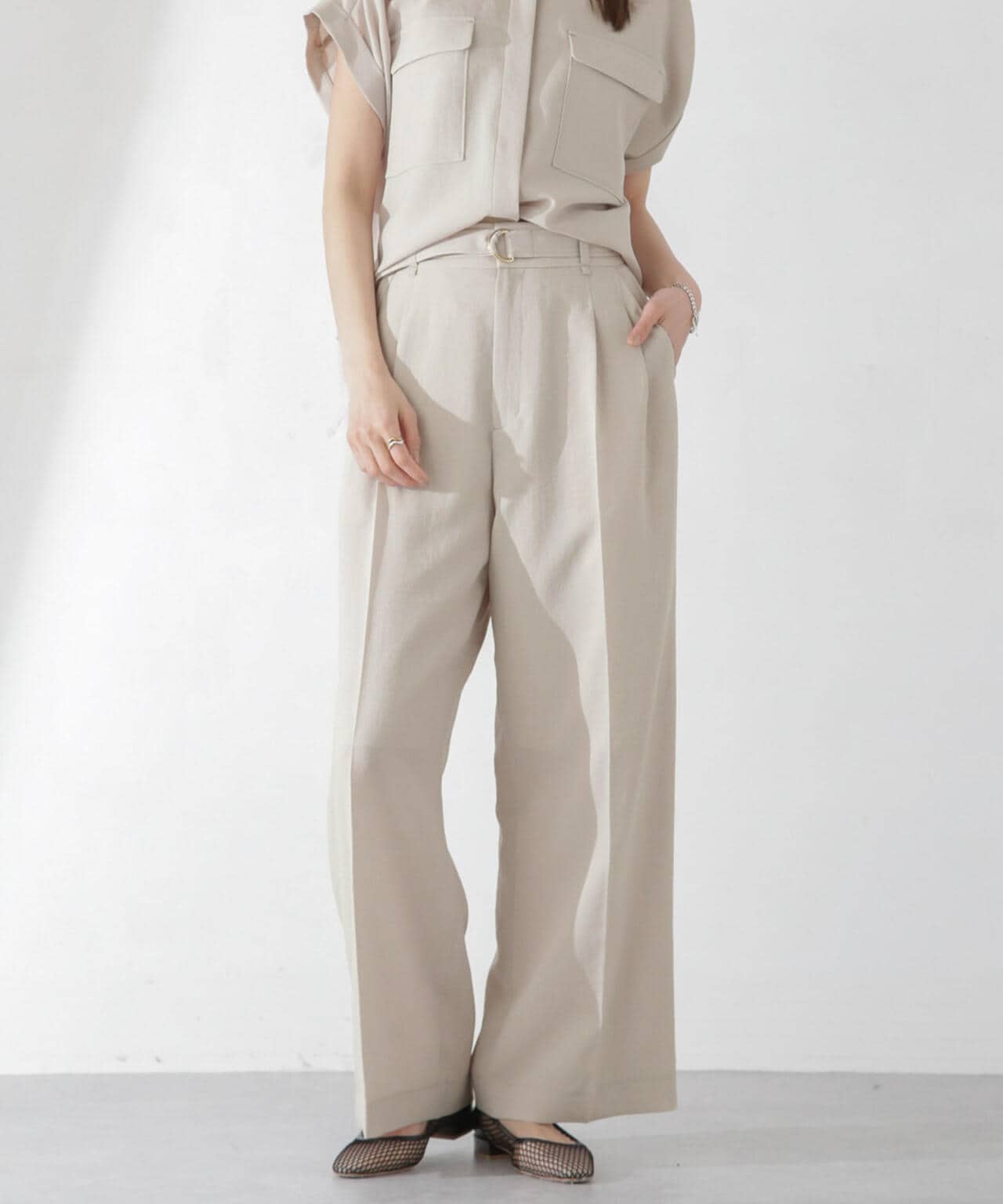 <洗濯機使用可><ノンアイロン>メランジドライ ベルト付きワイドパンツ(セットアップ可) 6694127308