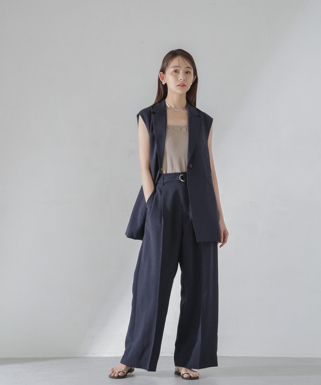 <洗濯機使用可><ノンアイロン>メランジドライ ベルト付きワイドパンツ(セットアップ可) 6694127308