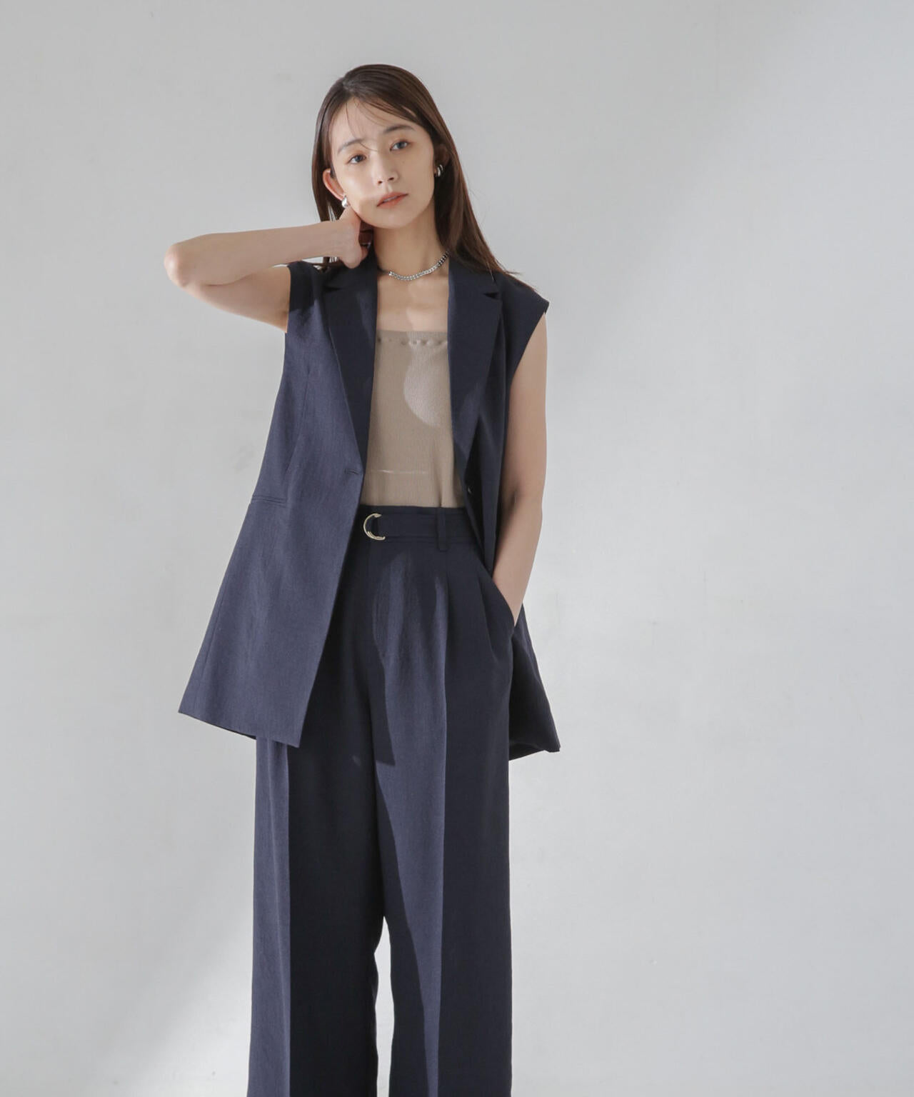 <洗濯機使用可><ノンアイロン>メランジドライ ベルト付きワイドパンツ(セットアップ可) 6694127308