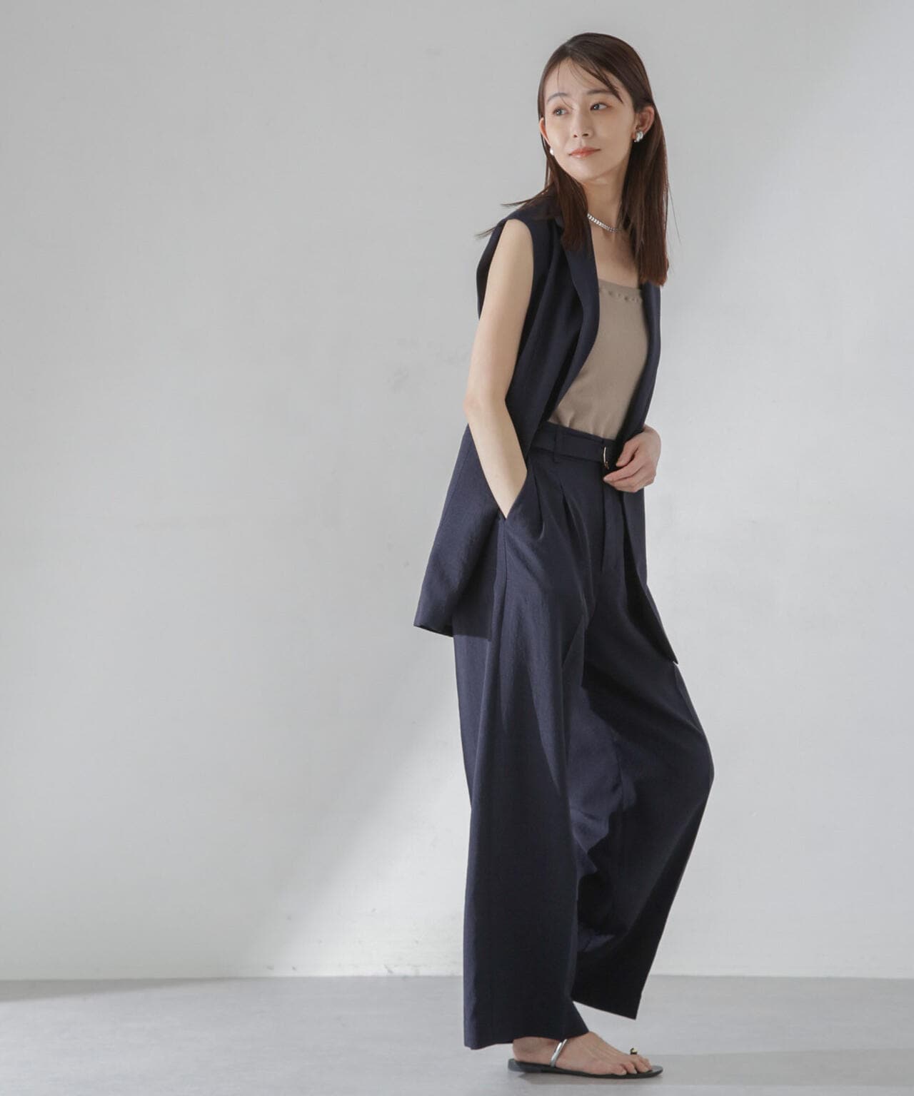 <洗濯機使用可><ノンアイロン>メランジドライ ベルト付きワイドパンツ(セットアップ可) 6694127308