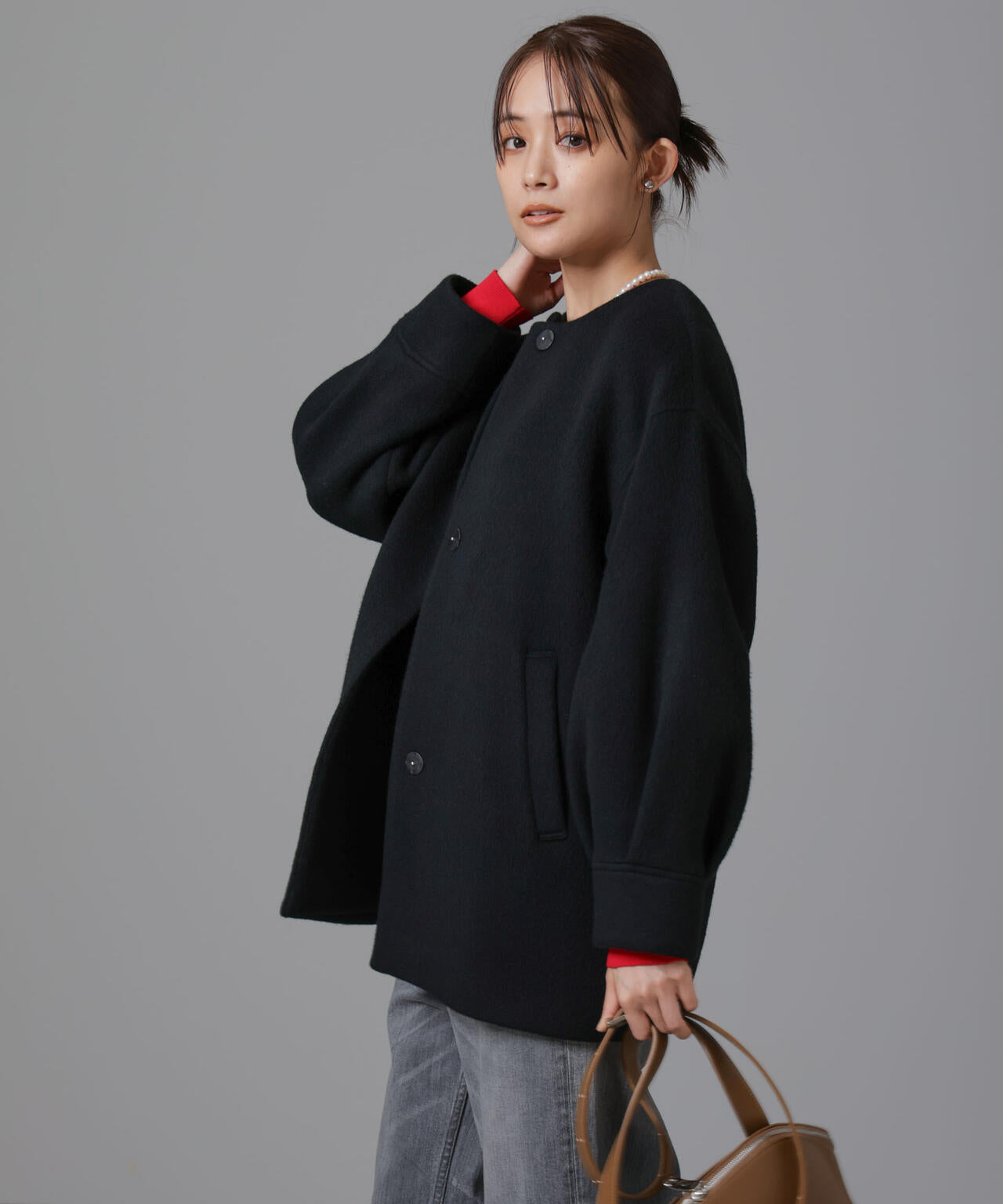 PECOLAMBウールカシミヤノーカラーミドル丈コート 6694211302