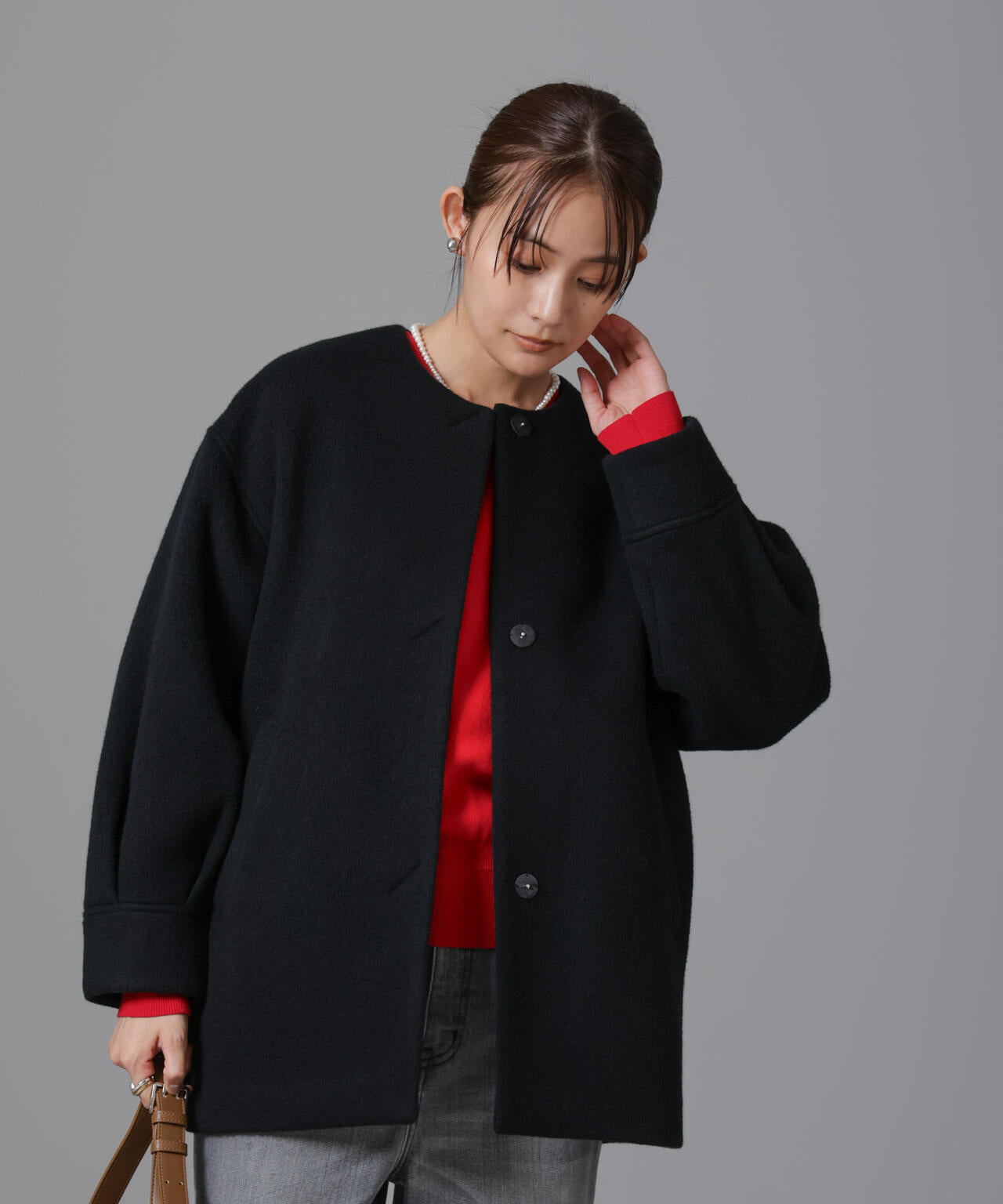 PECOLAMBウールカシミヤノーカラーミドル丈コート 6694211302