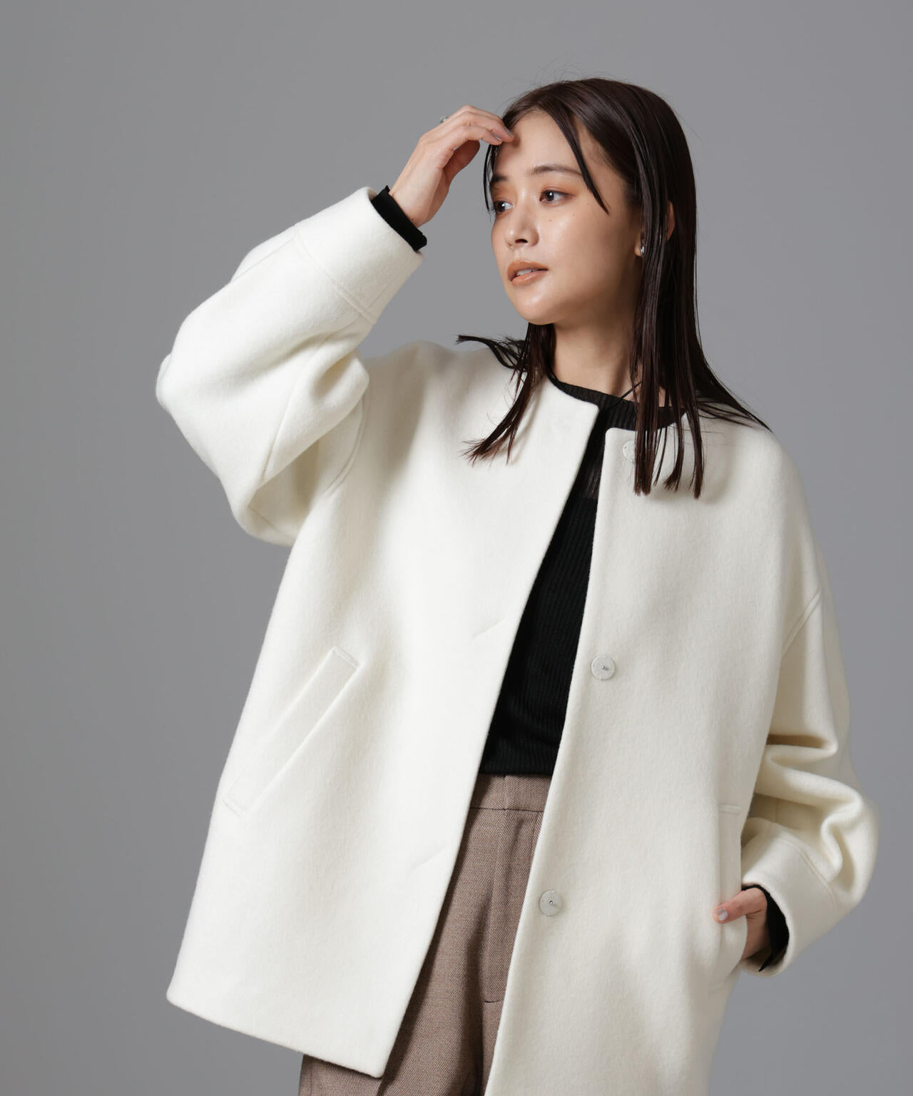 PECOLAMBウールカシミヤノーカラーミドル丈コート 6694211302