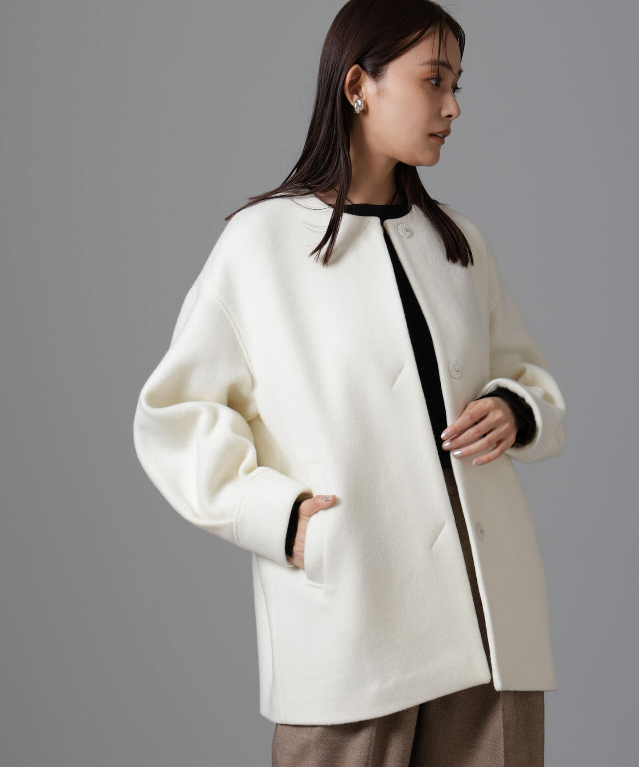 PECOLAMBウールカシミヤノーカラーミドル丈コート 6694211302