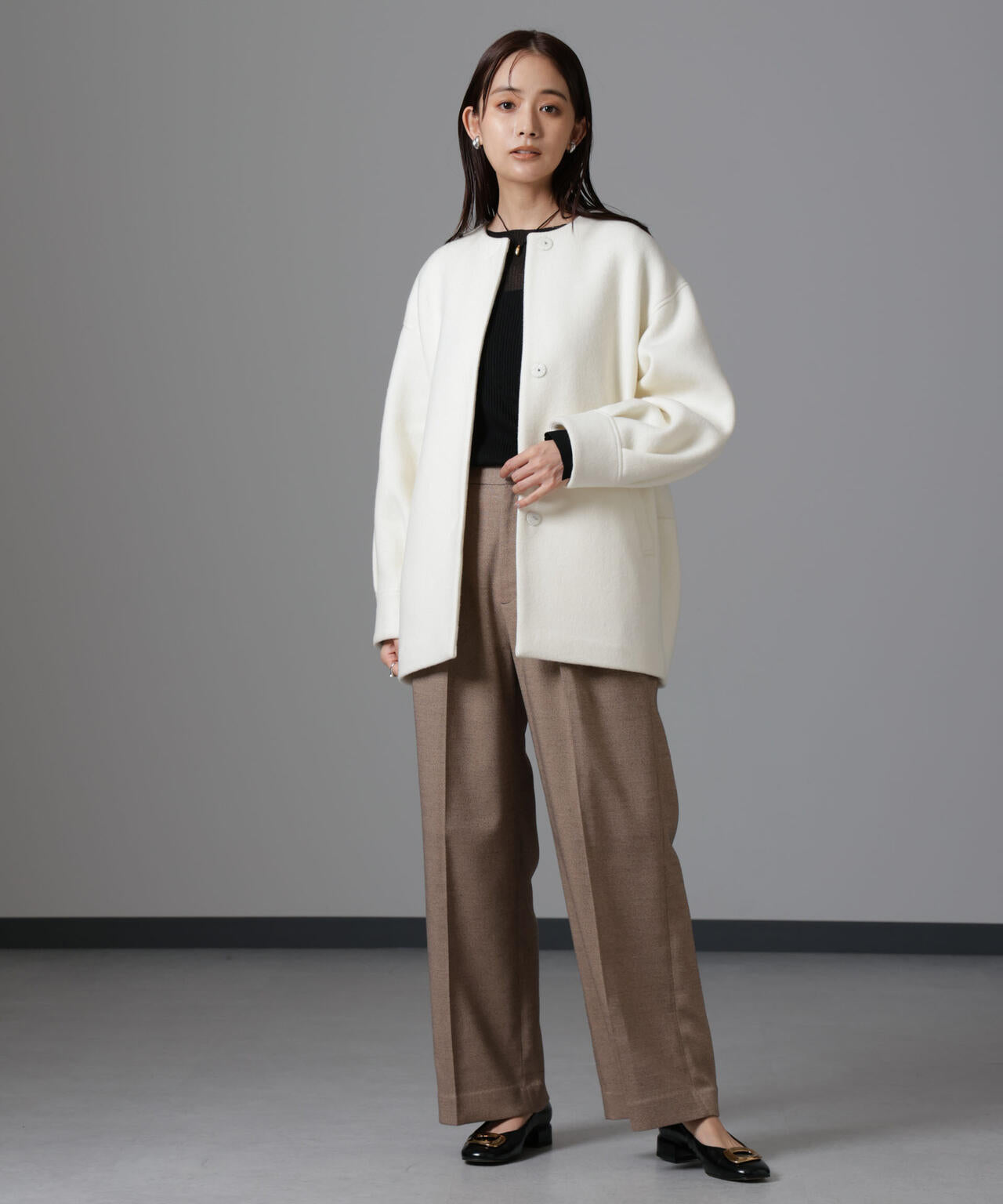 PECOLAMBウールカシミヤノーカラーミドル丈コート 6694211302